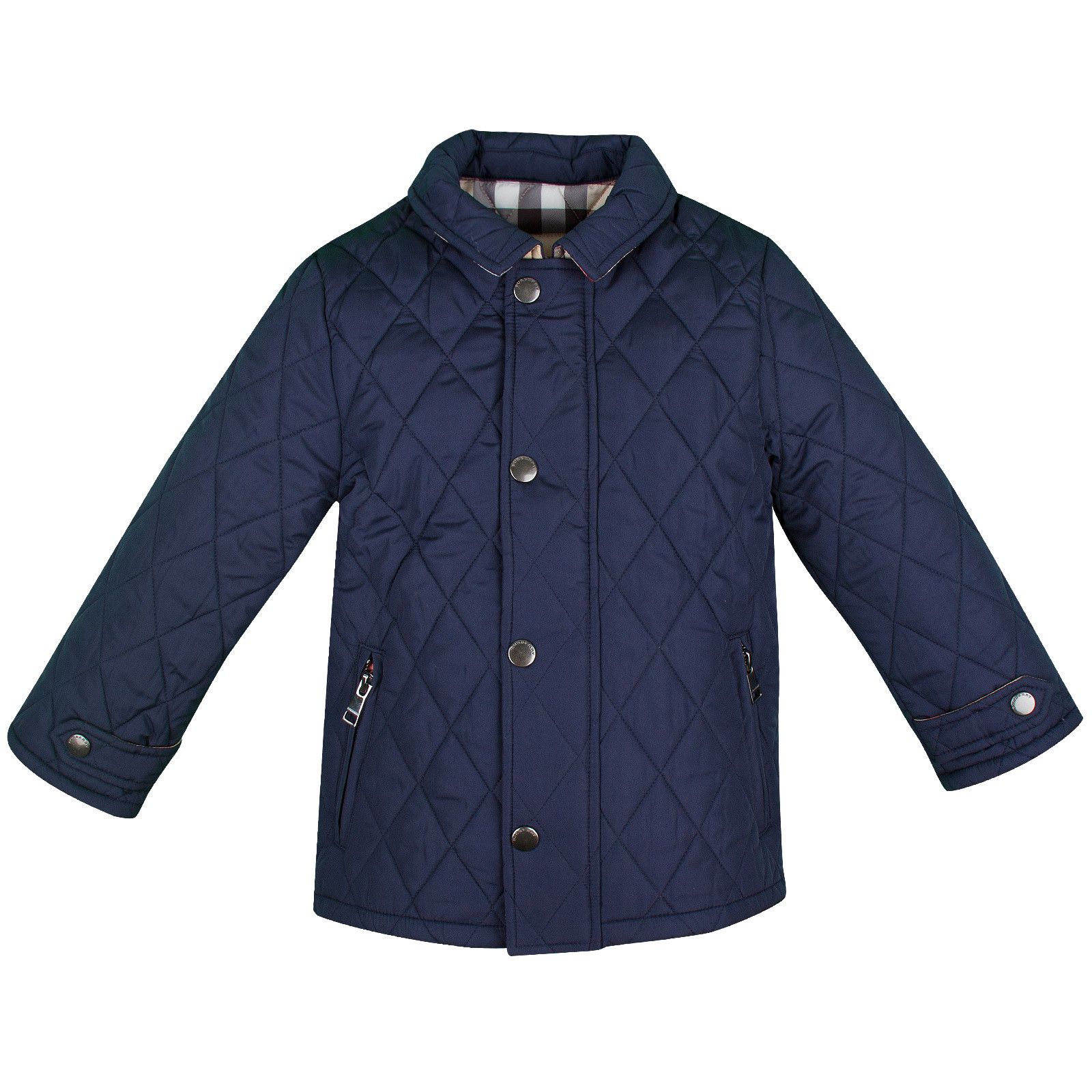 Boys Navy Blue Quilted Jacket With Classic Check Trims - CÉMAROSE | Children's Fashion Store - 1