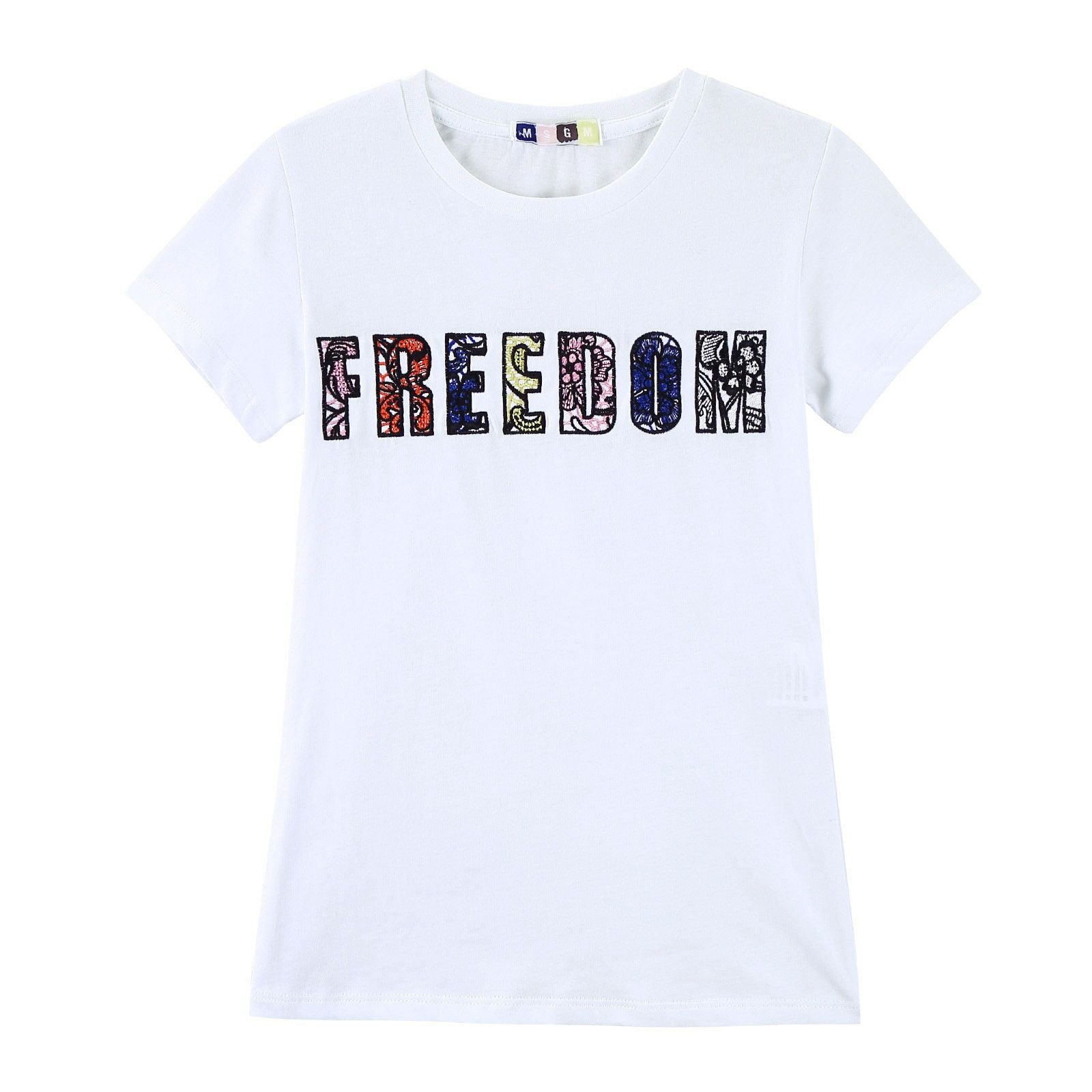 Girls White Cotton T-Shirt With Multicolor 'Freedom‘ Logo - CÉMAROSE | Children's Fashion Store - 1