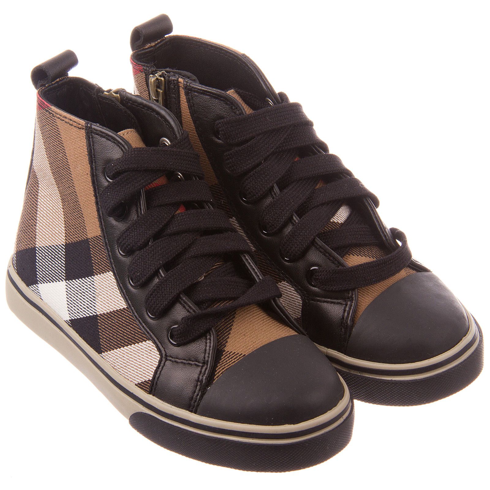 Boys Dark Beige Check High Top&Black Suede Trainers - CÉMAROSE | Children's Fashion Store - 1