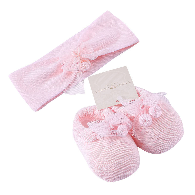 Baby Pink Knitted Cotton Shoes&Hair Band Gift Set - CÉMAROSE | Children's Fashion Store - 1