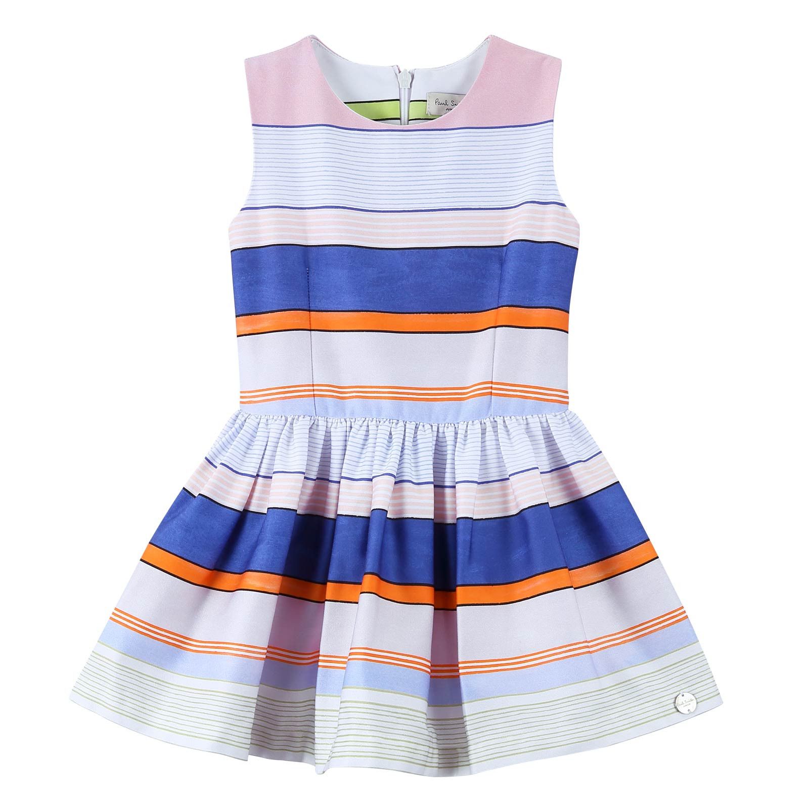 Girls White Pleated Hem Dress With Colorful Stripe - CÉMAROSE | Children's Fashion Store - 1