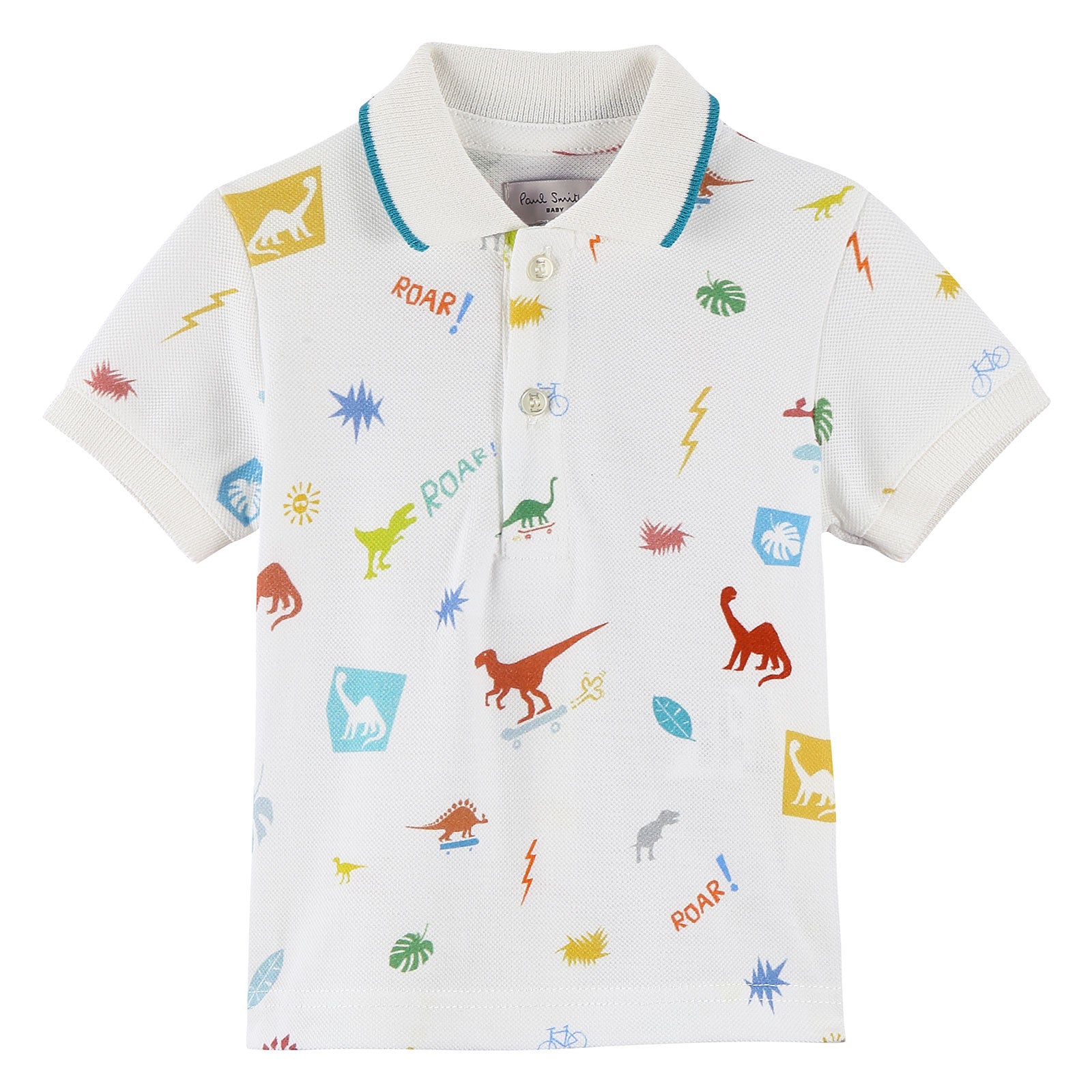 Baby Boys White Cotton Polo Shirt With Multicolor Dinosaur Print - CÉMAROSE | Children's Fashion Store - 1