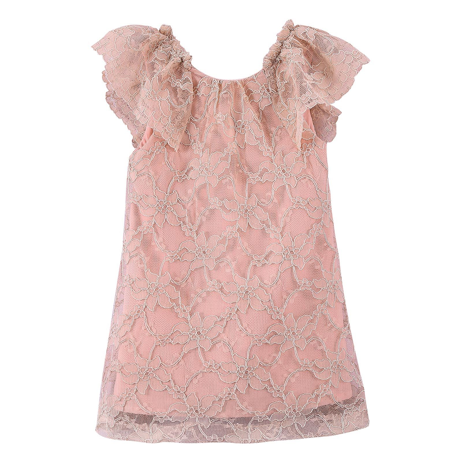 Girls Pink Lace Dress With Frilly Cuffs - CÉMAROSE | Children's Fashion Store - 1