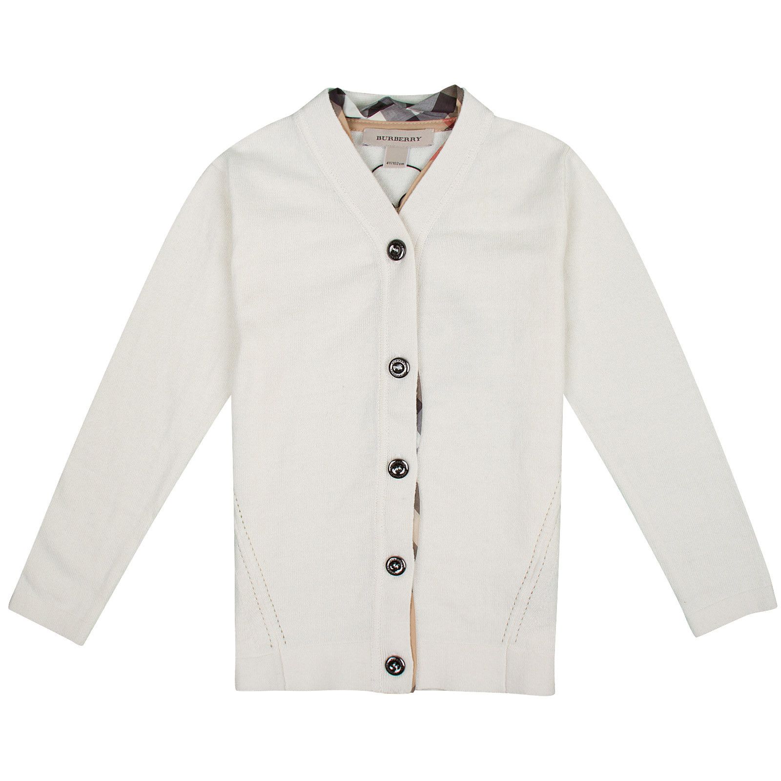 Girls Milk White Cardigan With Check Turn Up Cuffs - CÉMAROSE | Children's Fashion Store - 1