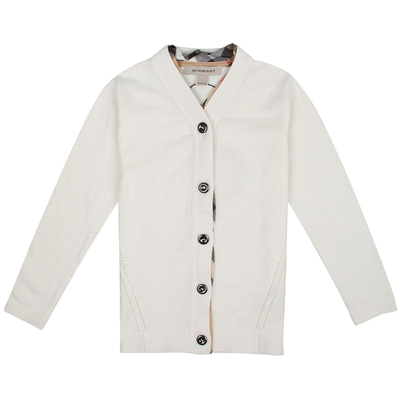 Girls Milk White Cardigan With Check Turn Up Cuffs - CÉMAROSE | Children's Fashion Store - 1