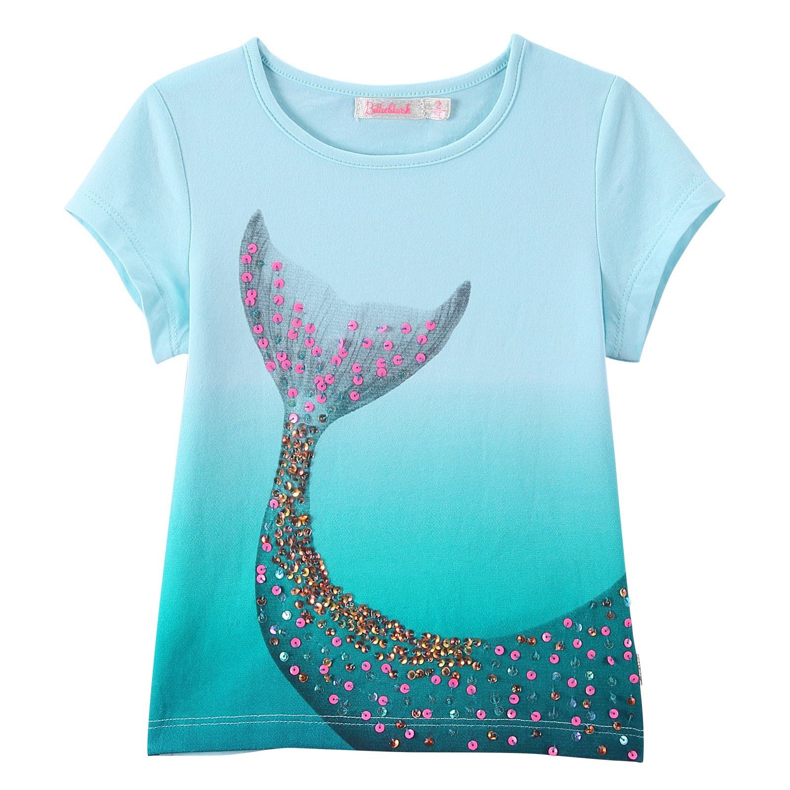 Girls Blue Cotton T-Shirt With Patch Sequin Fishtail Trims - CÉMAROSE | Children's Fashion Store - 1