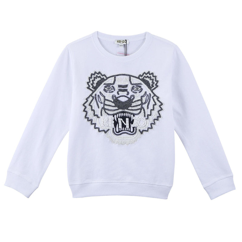Girls White Tiger Head Embroidered Trims Cotton Sweatshirt - CÉMAROSE | Children's Fashion Store - 1