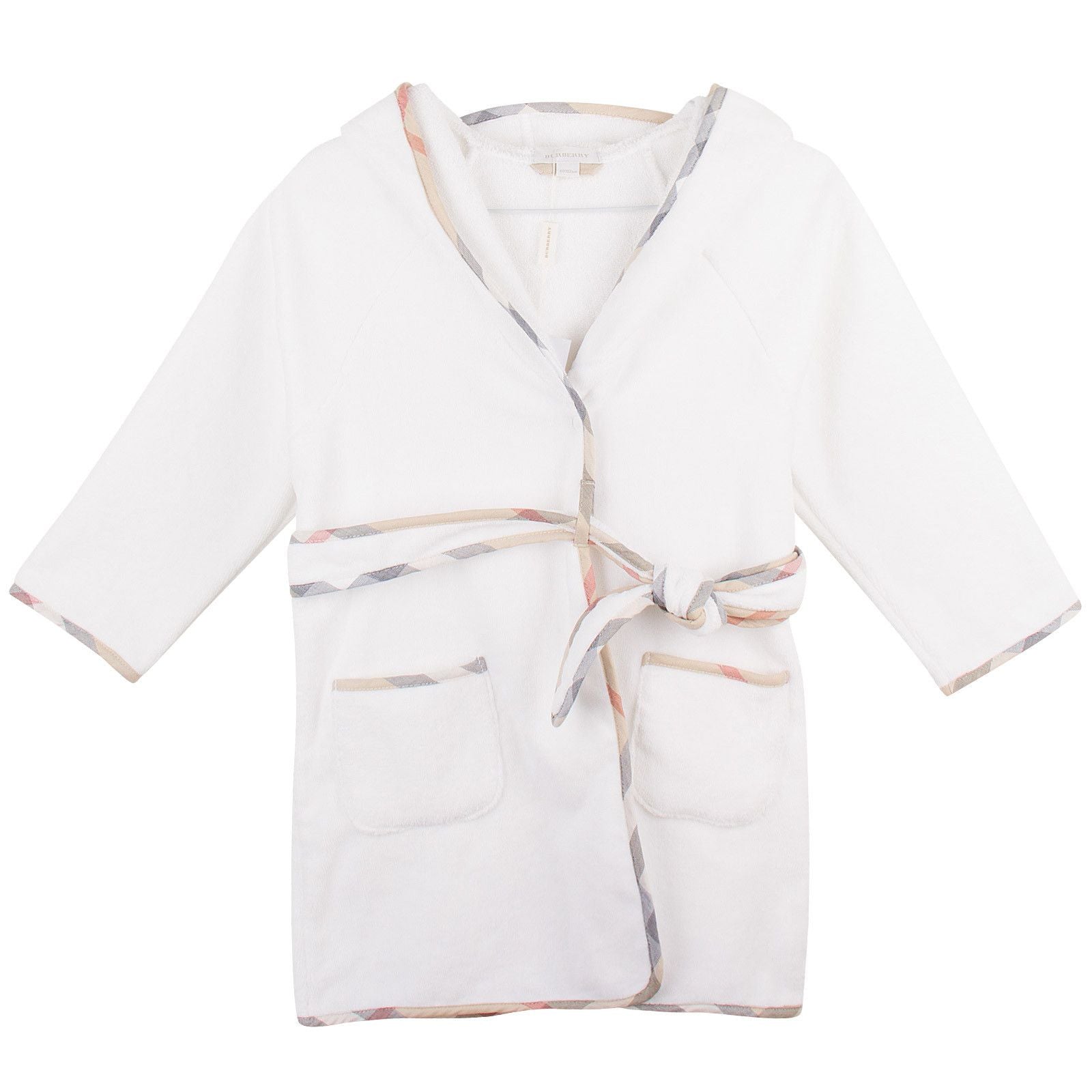 Baby White Two Pockets Cotton Bathrobe With Classic Check Trims - CÉMAROSE | Children's Fashion Store - 1