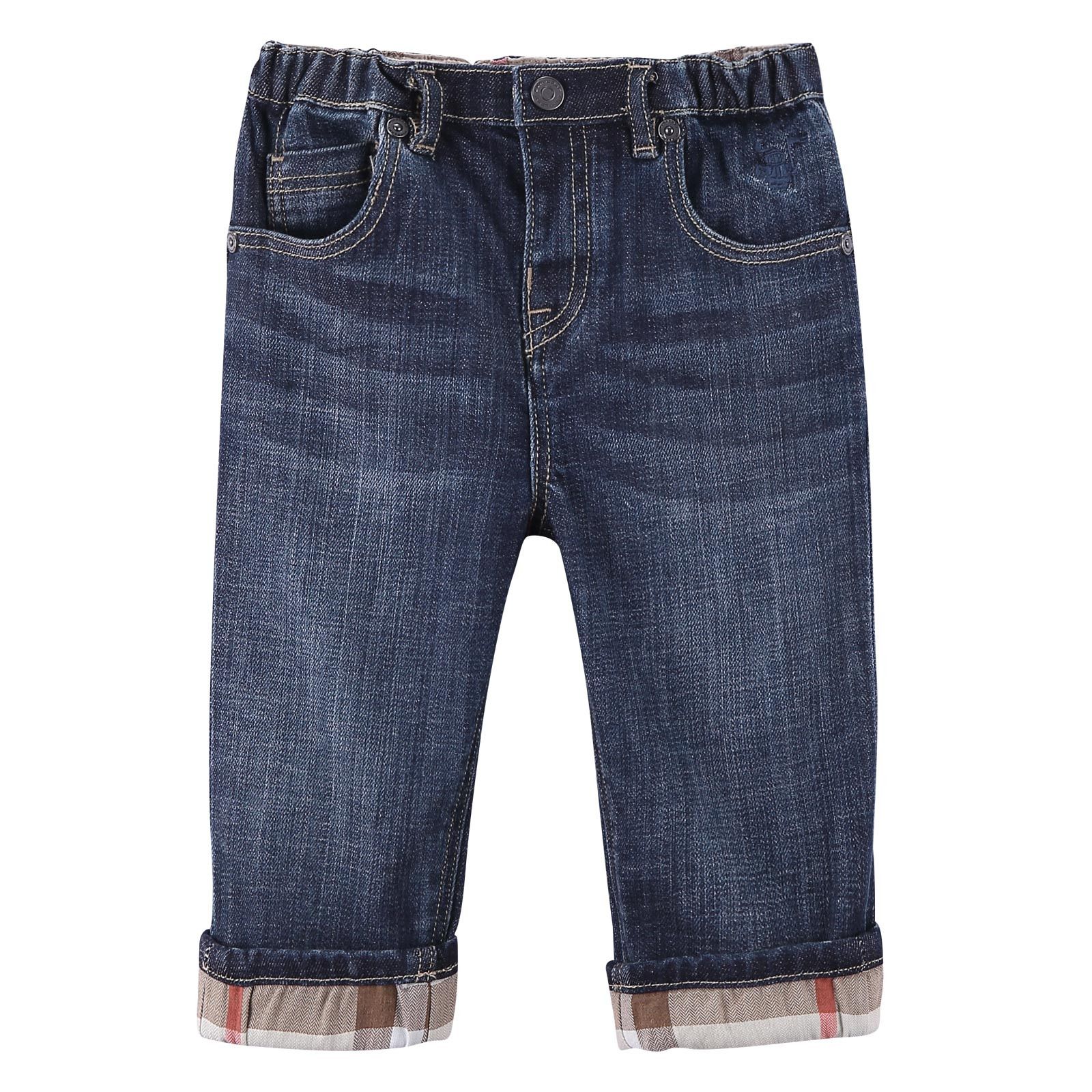 Baby Boys Blue Denim Cotton Jeans With Check Cuffs - CÉMAROSE | Children's Fashion Store - 1