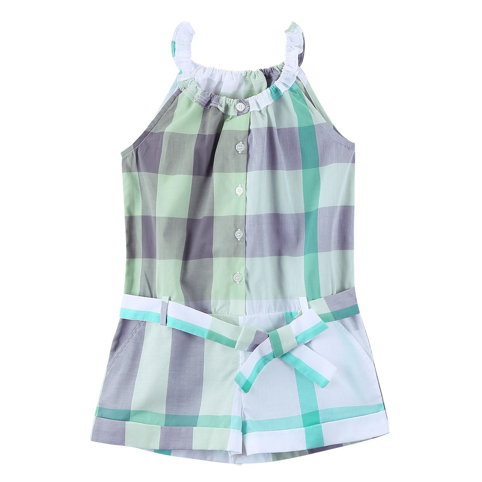 Girls Light Green Check Cotton Romper With Belt - CÉMAROSE | Children's Fashion Store - 1