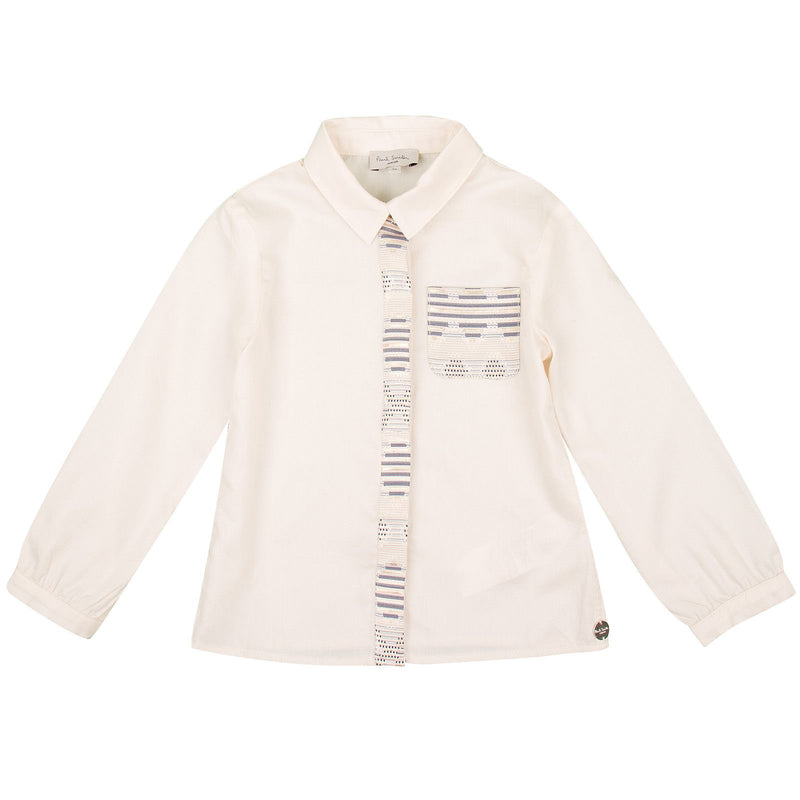 Girls White Embroidered Stripe Pockets Cotton Blouse - CÉMAROSE | Children's Fashion Store - 1