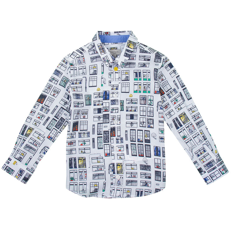 Boys White Windows Printed Cotton Shirt - CÉMAROSE | Children's Fashion Store - 1