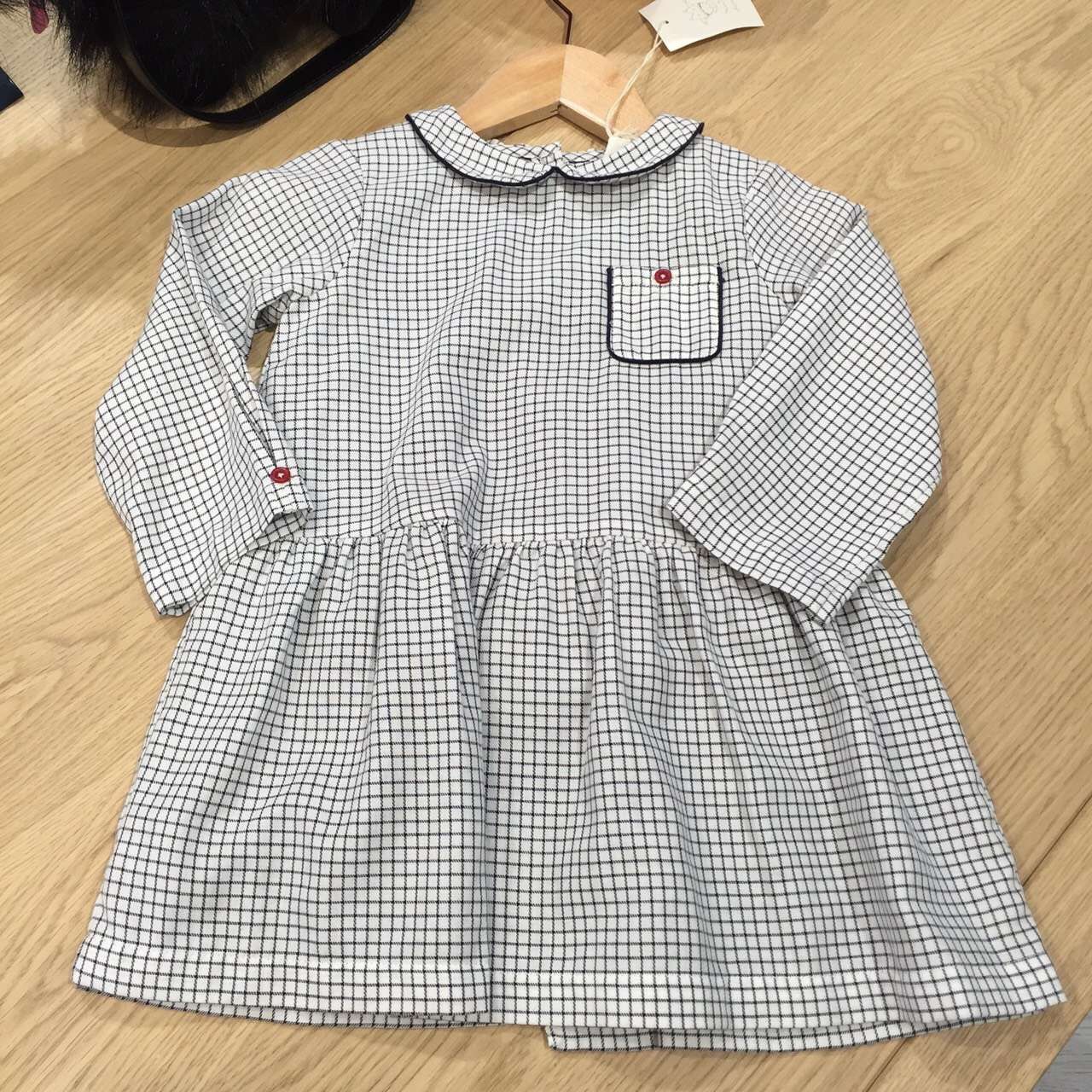 Baby Girls White Dress With Navy Blue Check Trims - CÉMAROSE | Children's Fashion Store