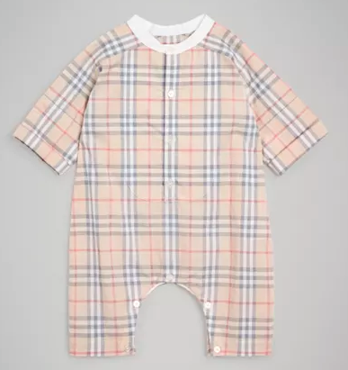 Baby Pale Stone Check Cotton Babysuit