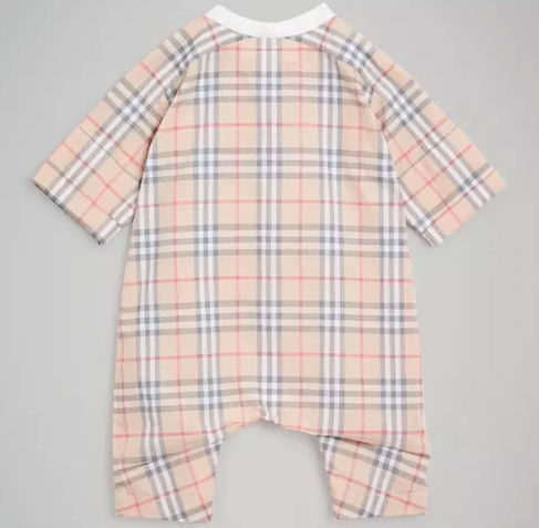 Baby Pale Stone Check Cotton Babysuit