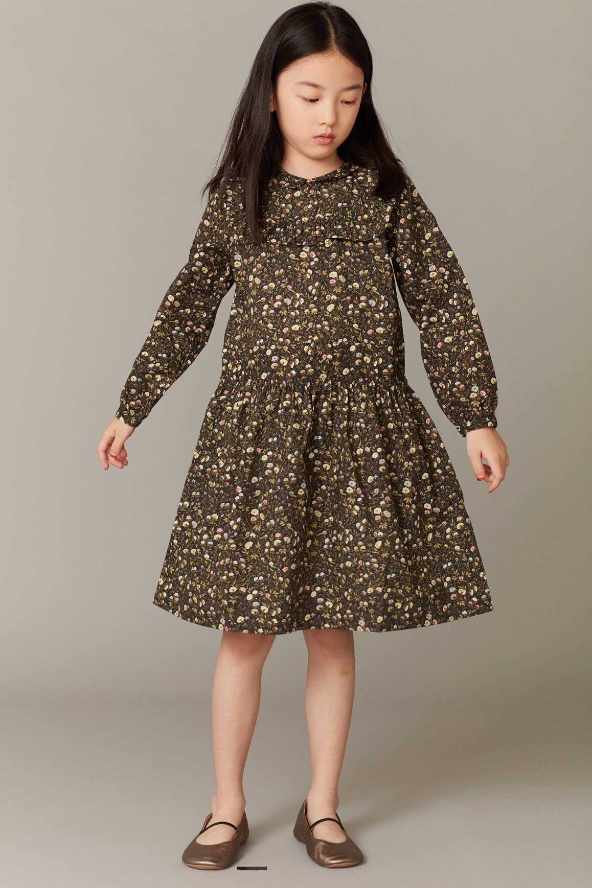 Girls Dark Green Floral Cotton Dress