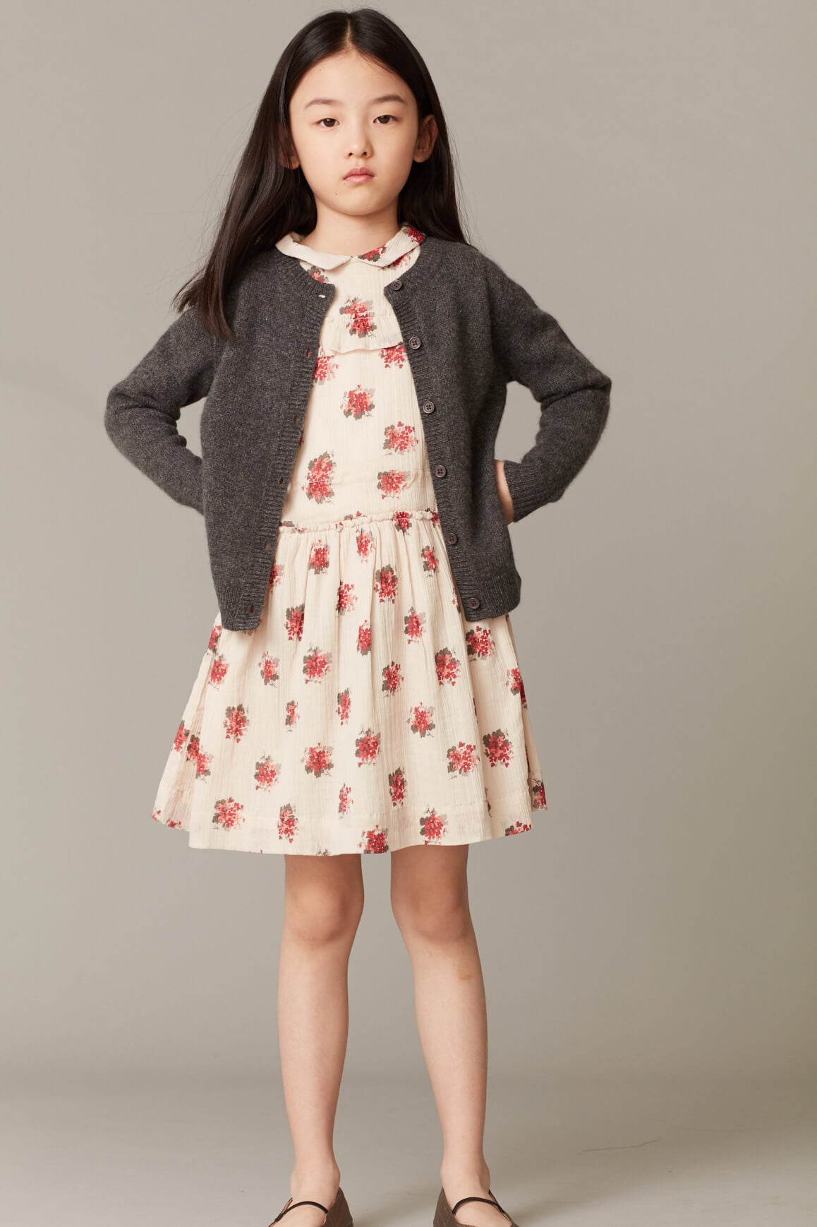 Girls Beige Flower Printed Cotton Dress