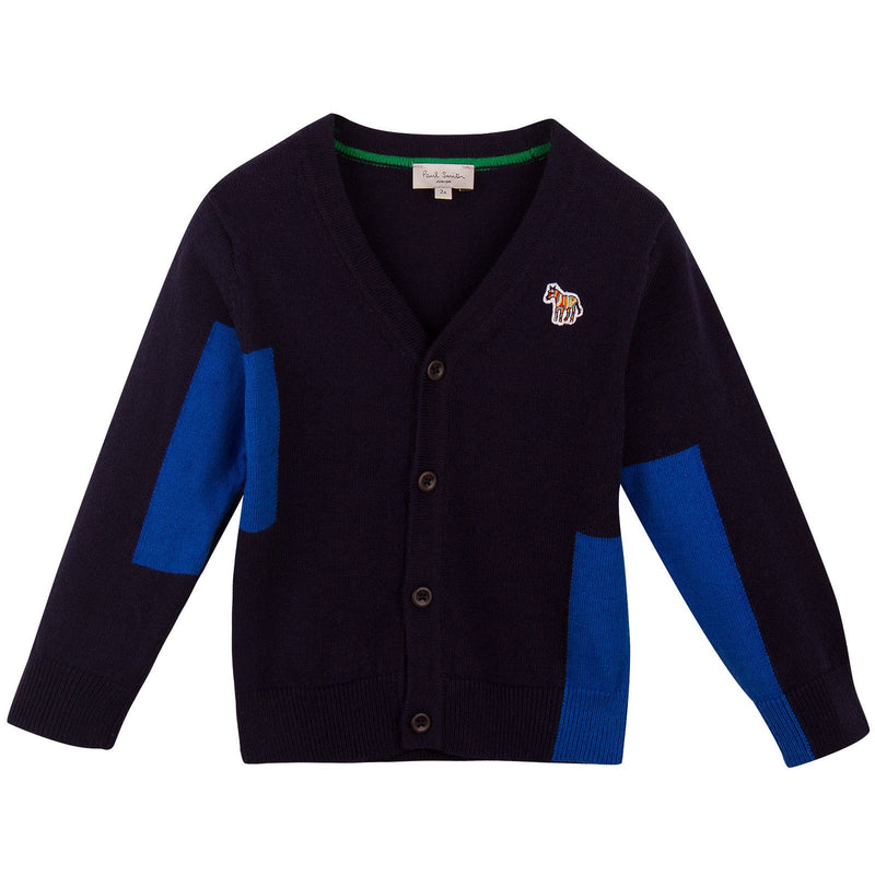Boys Navy Blue Colour Block Cardigan With Embroidered Zebra Logo - CÉMAROSE | Children's Fashion Store - 1