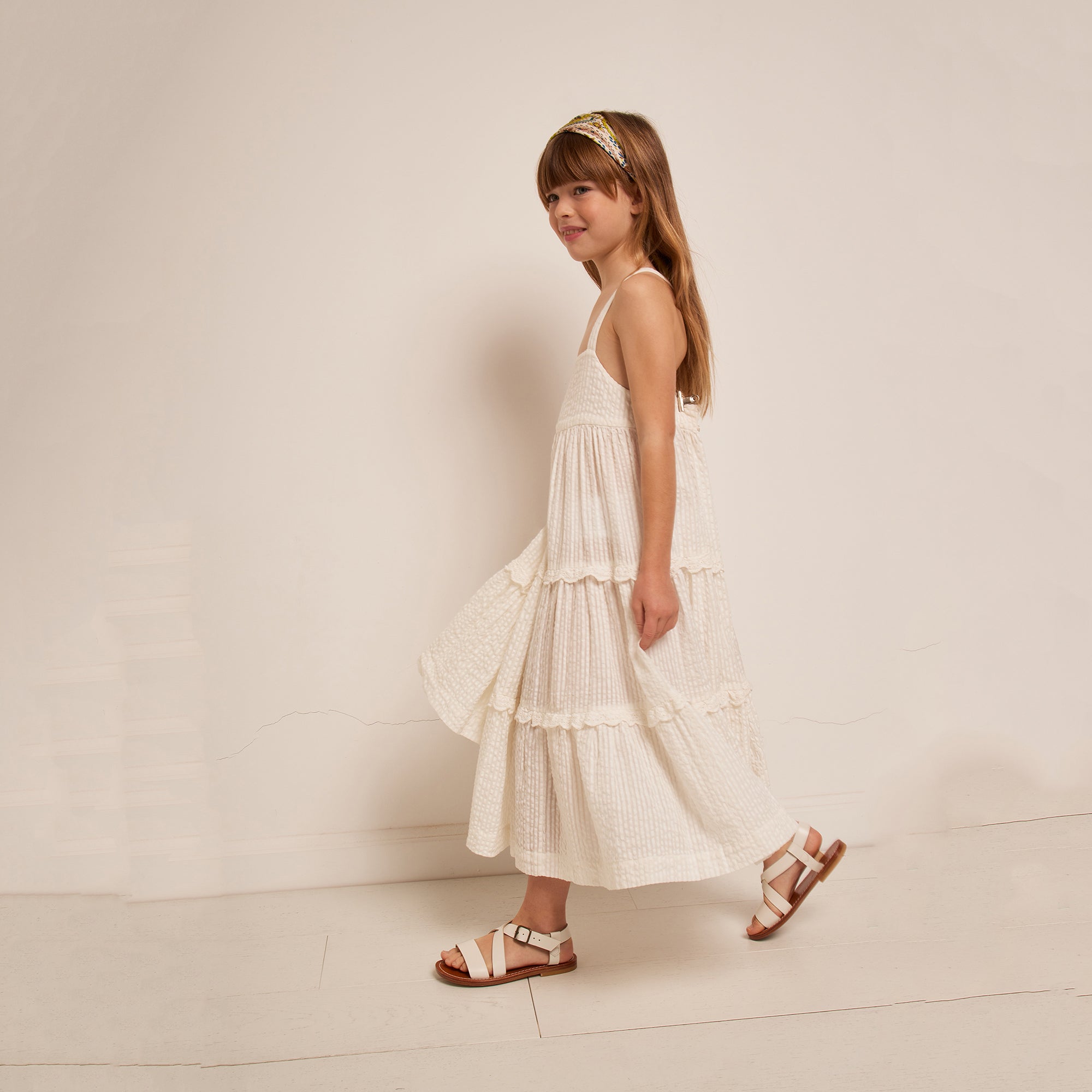 Girls White Cotton Strap Dress
