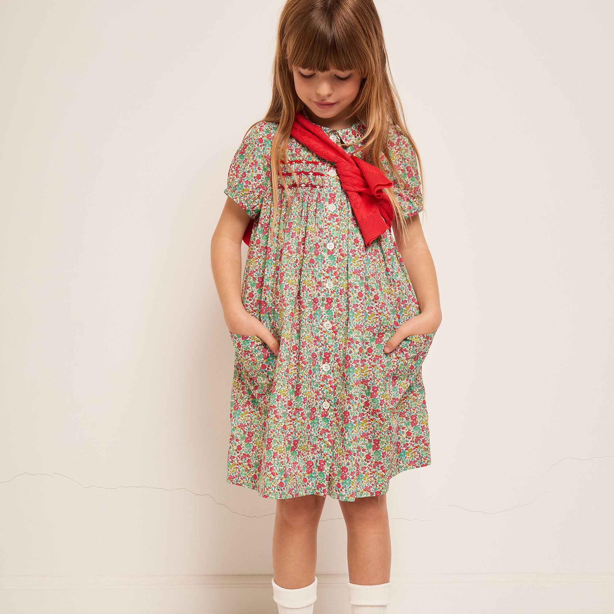 Girls Red Floral Cotton Dress