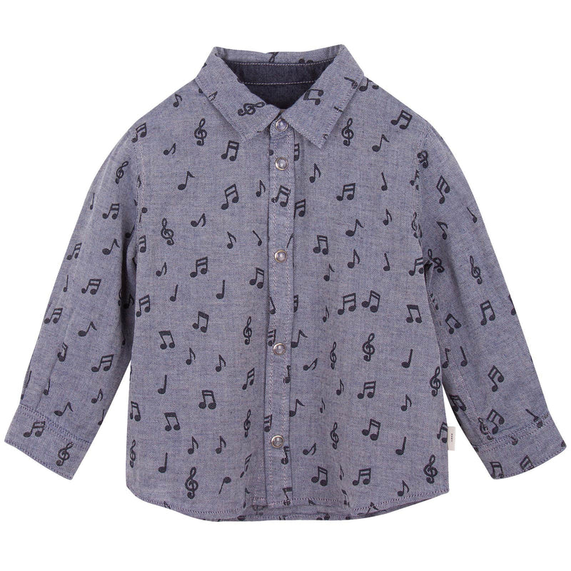 Baby Boys Navy Blue Musical Notes Chambray Printed Shirt - CÉMAROSE | Children's Fashion Store - 1