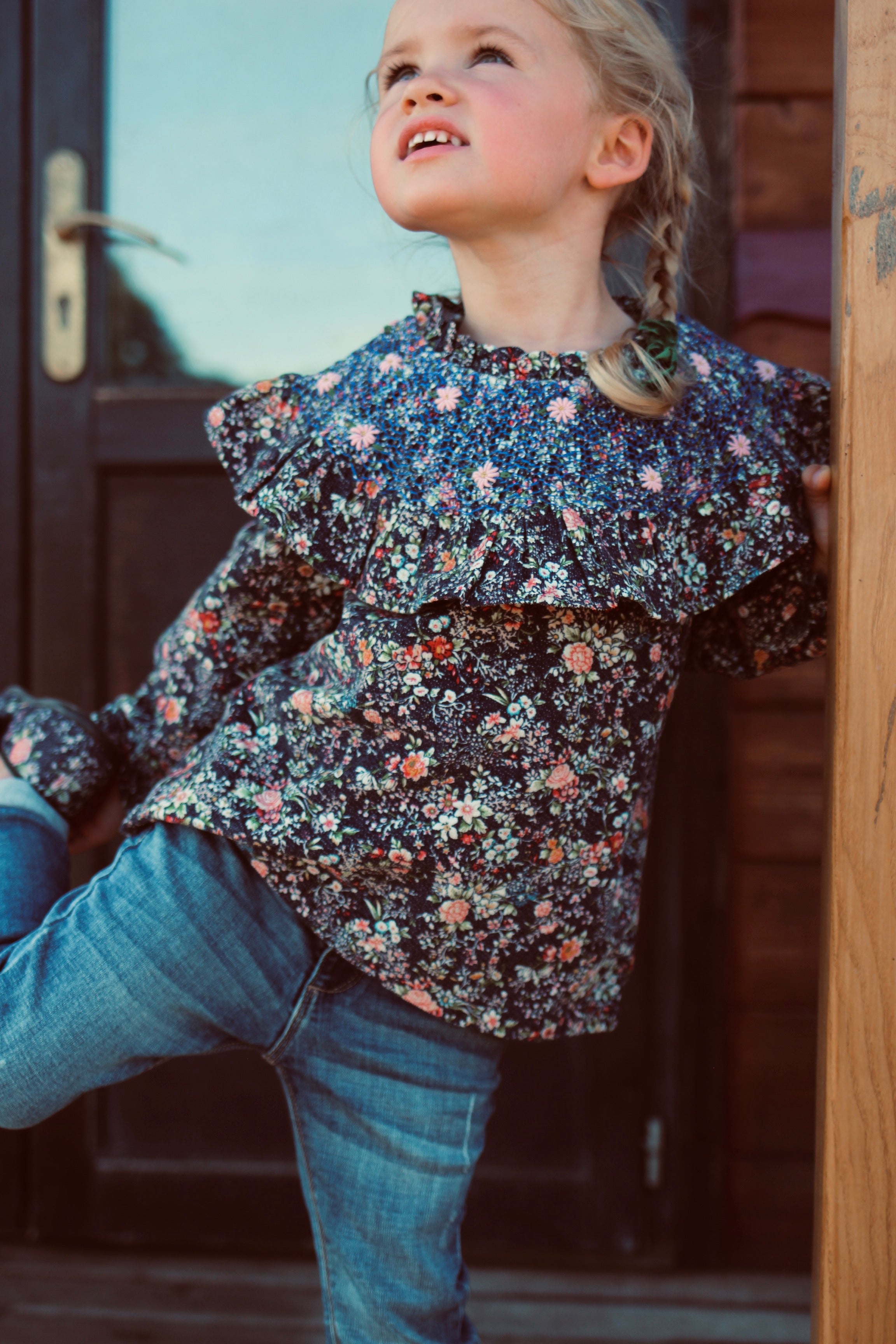 Girls Blue Flowers Corduroy Shirt