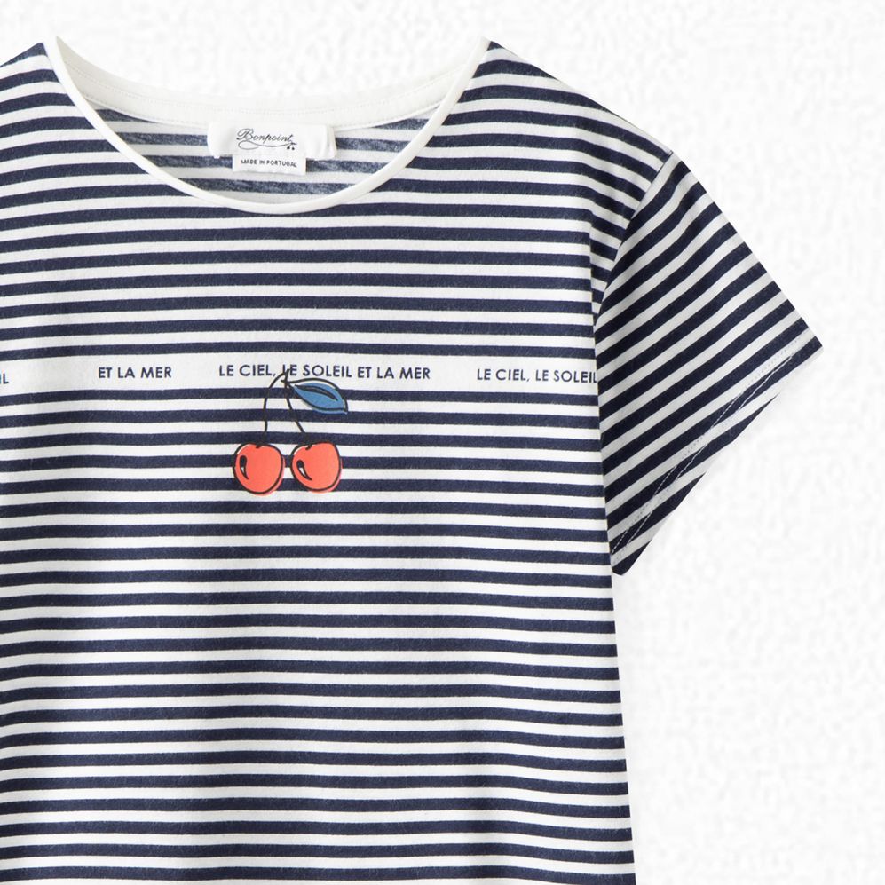 Girls Navy Stripe Logo Cotton T-Shirt