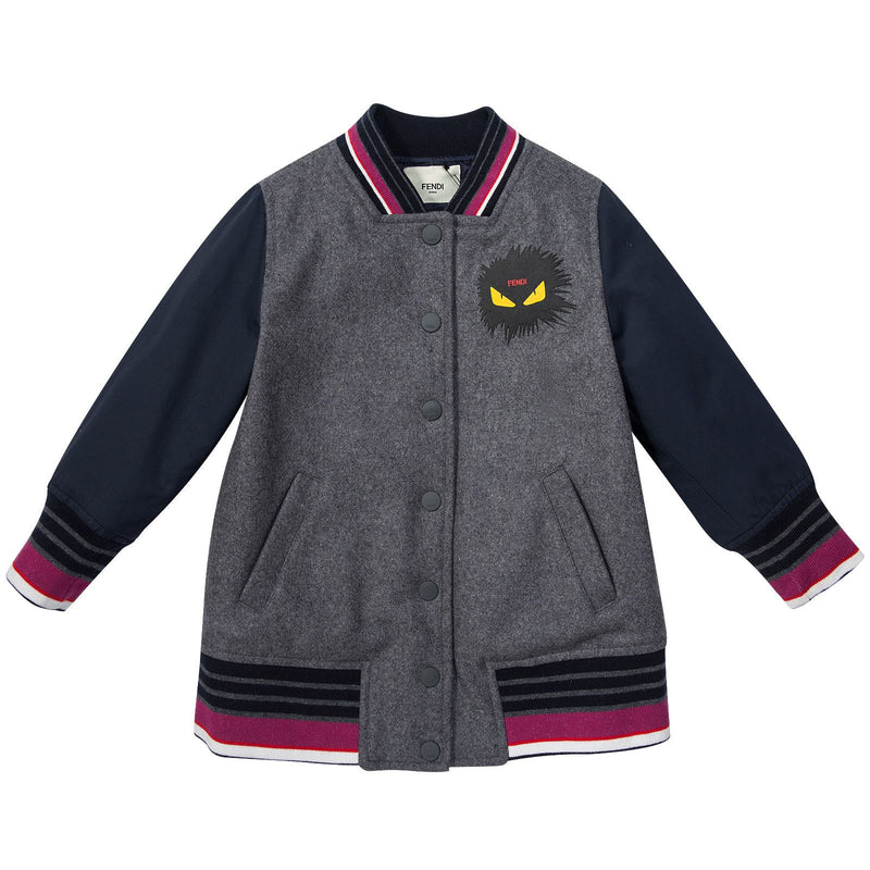 Girls Grey Monster Purple Striped Collar Varsity Jacket - CÉMAROSE | Children's Fashion Store - 1