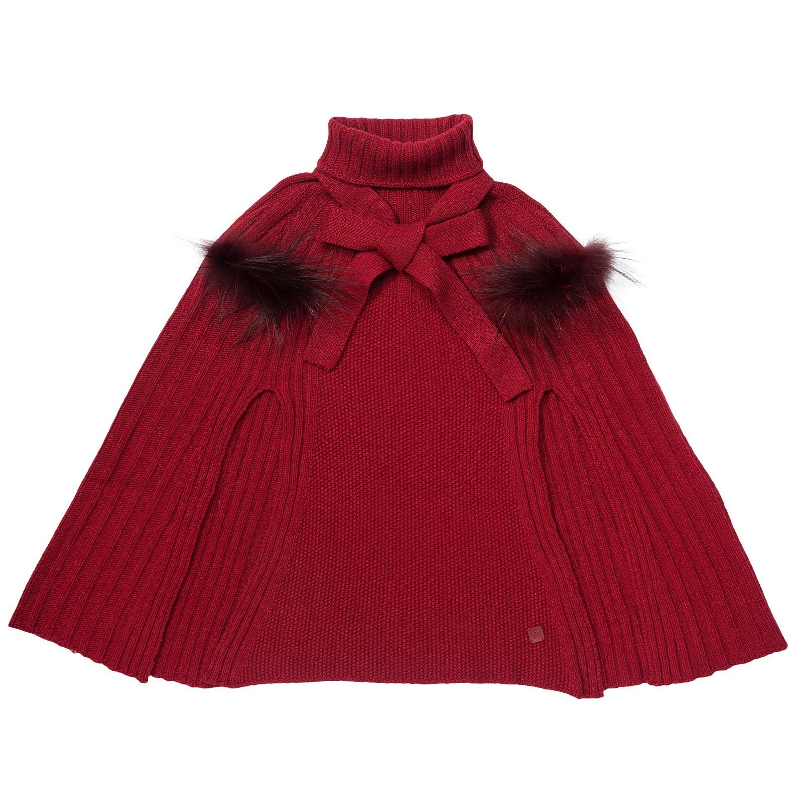 Girls Red Knitted Poncho With Fur Trims - CÉMAROSE | Children's Fashion Store - 1