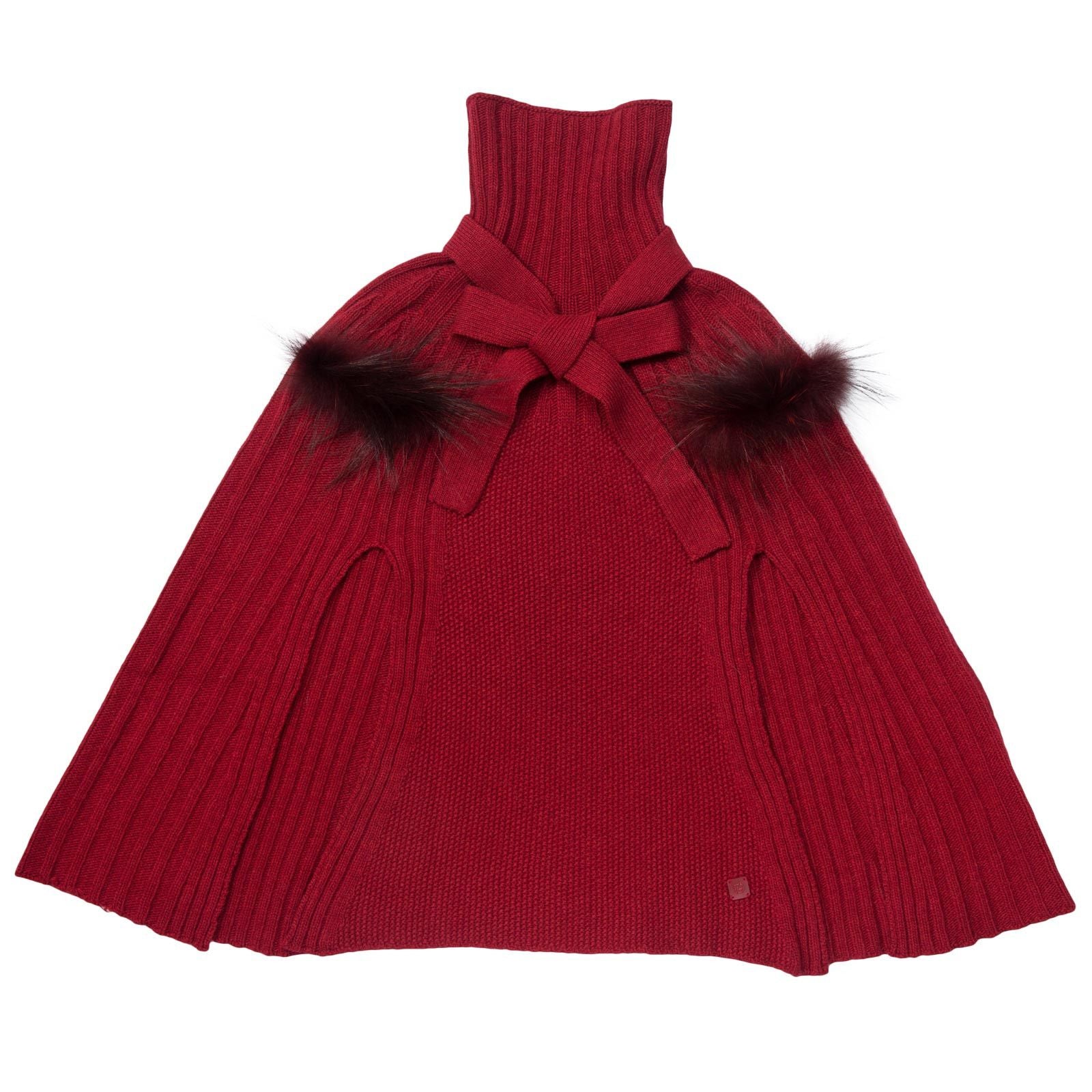 Girls Red Knitted Poncho With Fur Trims - CÉMAROSE | Children's Fashion Store - 3
