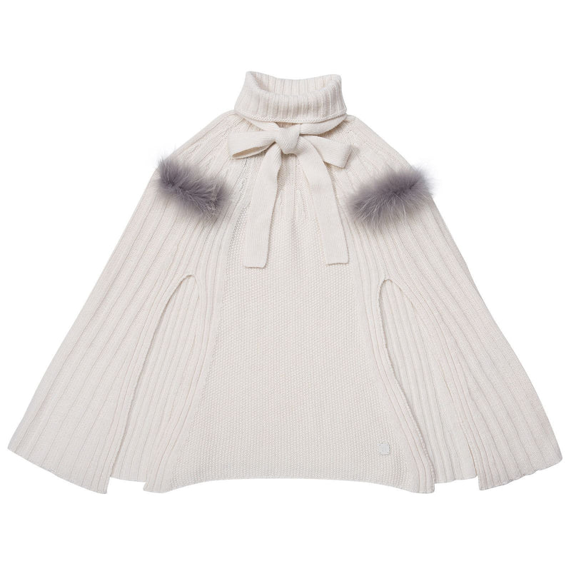 Girls Ivory Knitted Poncho With Fur Trims - CÉMAROSE | Children's Fashion Store - 1