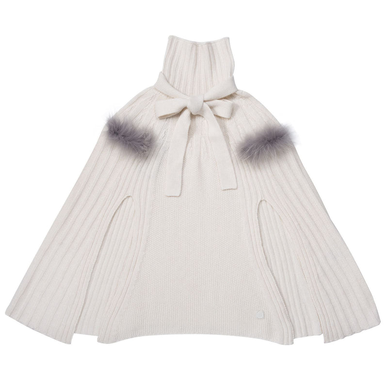 Girls Ivory Knitted Poncho With Fur Trims - CÉMAROSE | Children's Fashion Store - 3