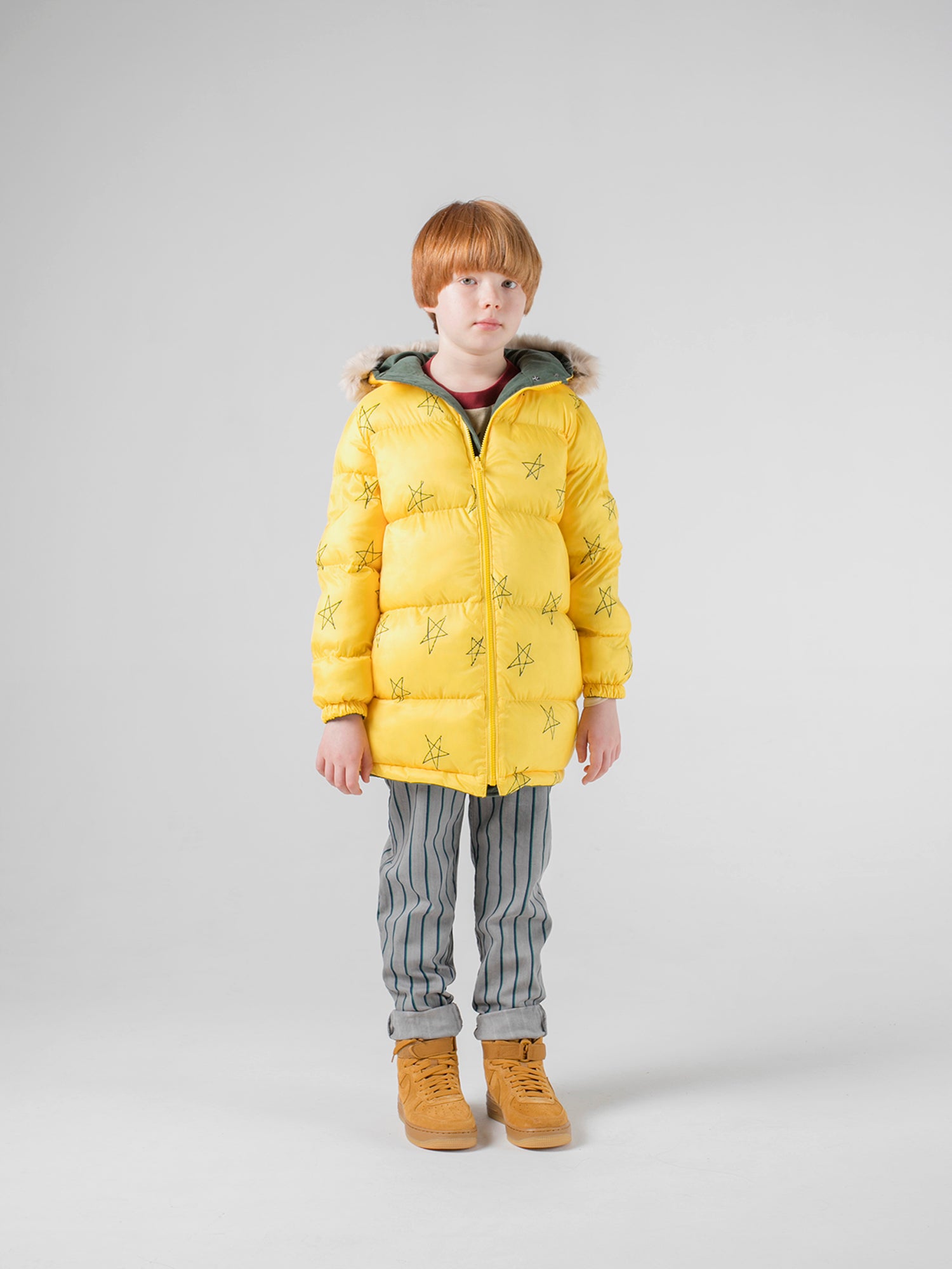 Boys Green & Yellow Stars Hooded Reversible Coat