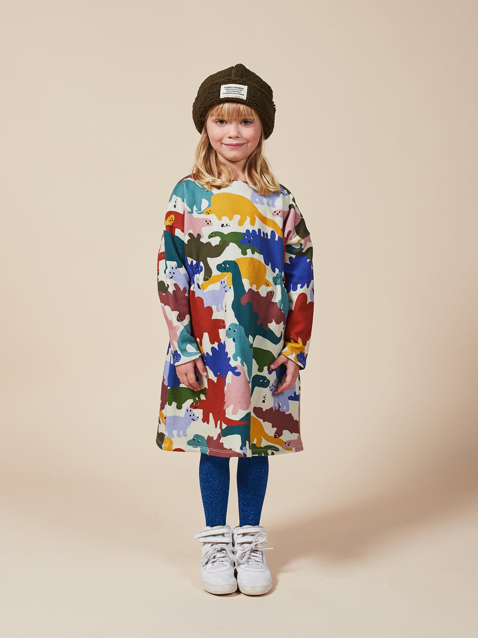 Girls Brown Rice Dinos Fleece Dress