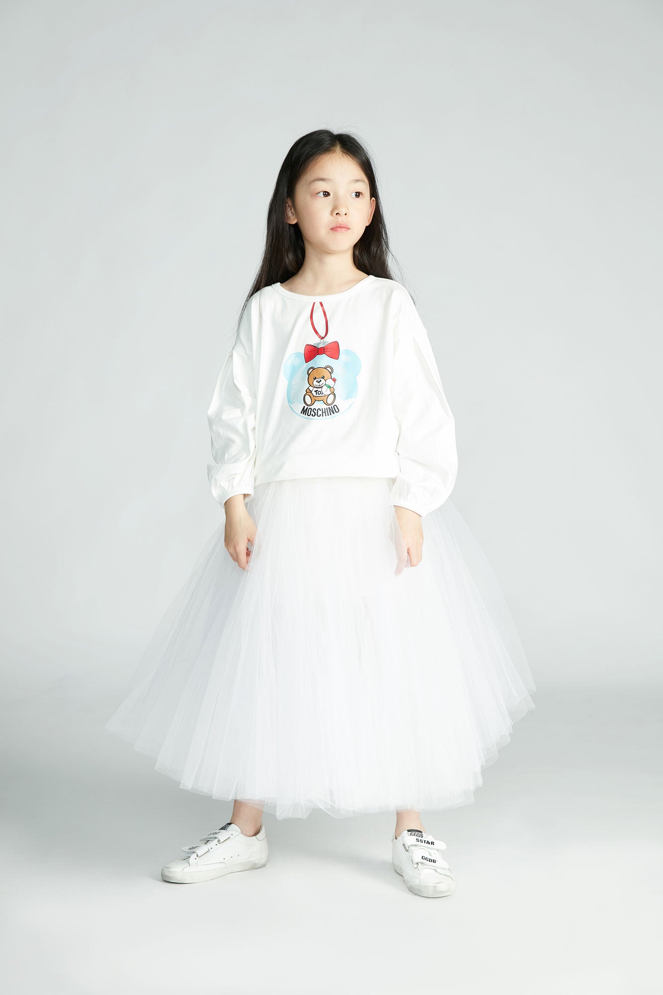 Girls White Logo Long Sleeves Cotton T-shirt