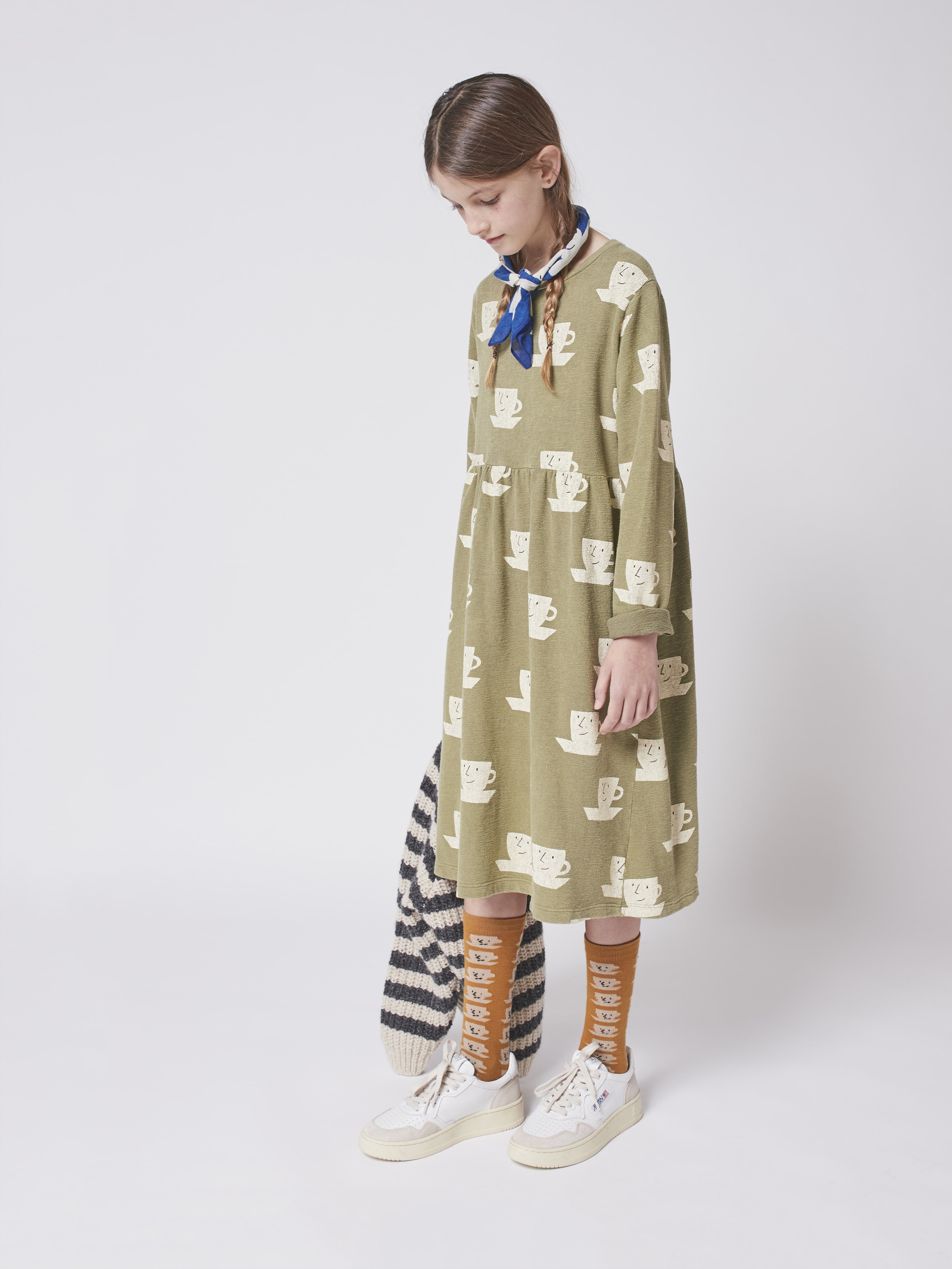 Girls Green Printed Cotton Dress