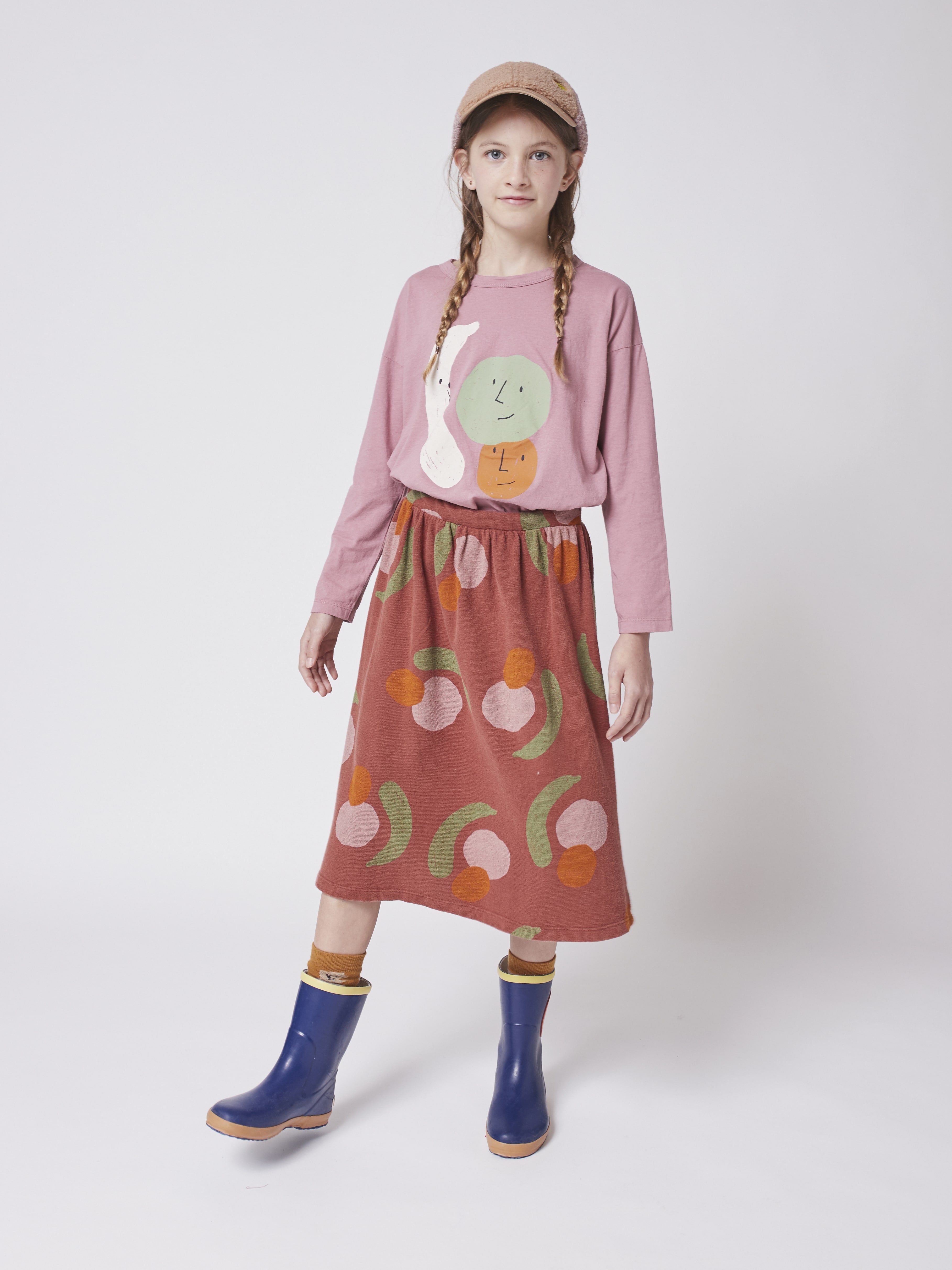 Girls Dark Red Printed Cotton Skirt