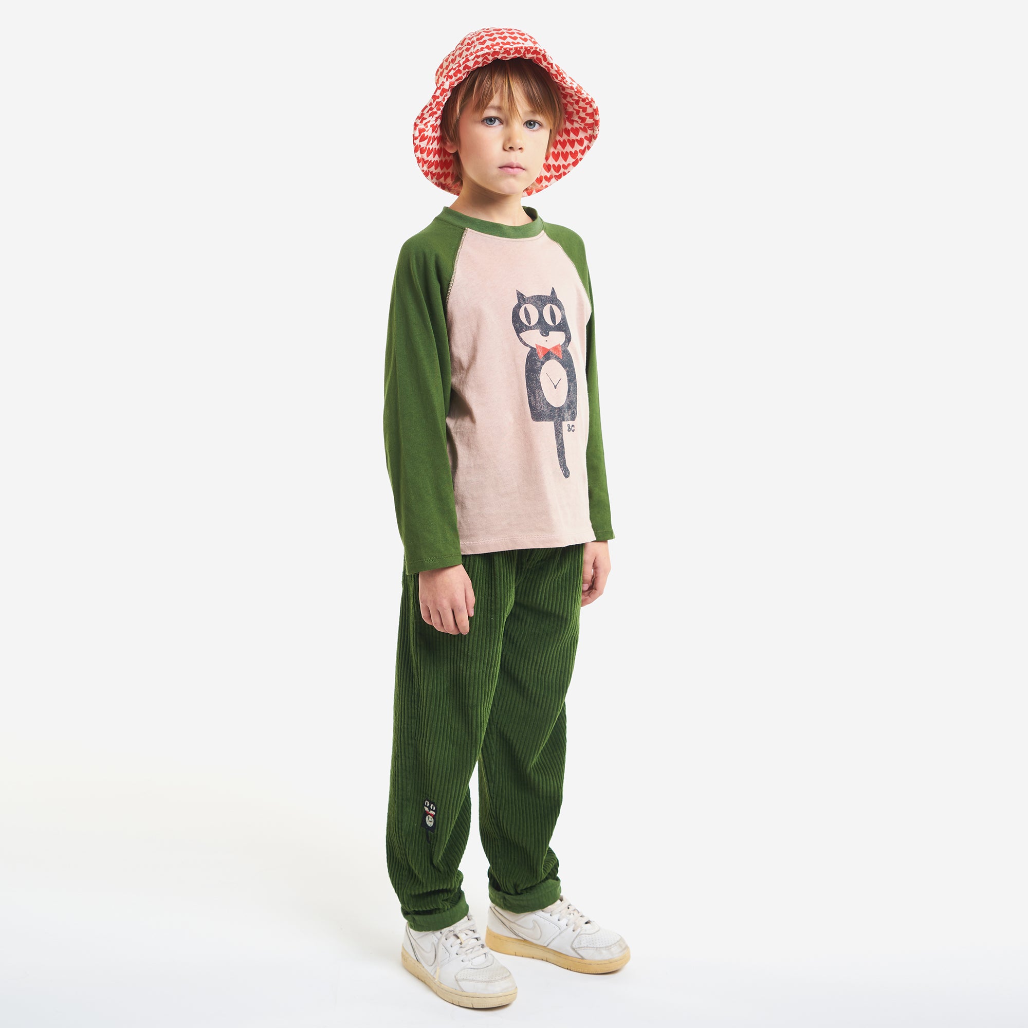 Boys & Girls Green Cat Printed Cotton T-Shirt
