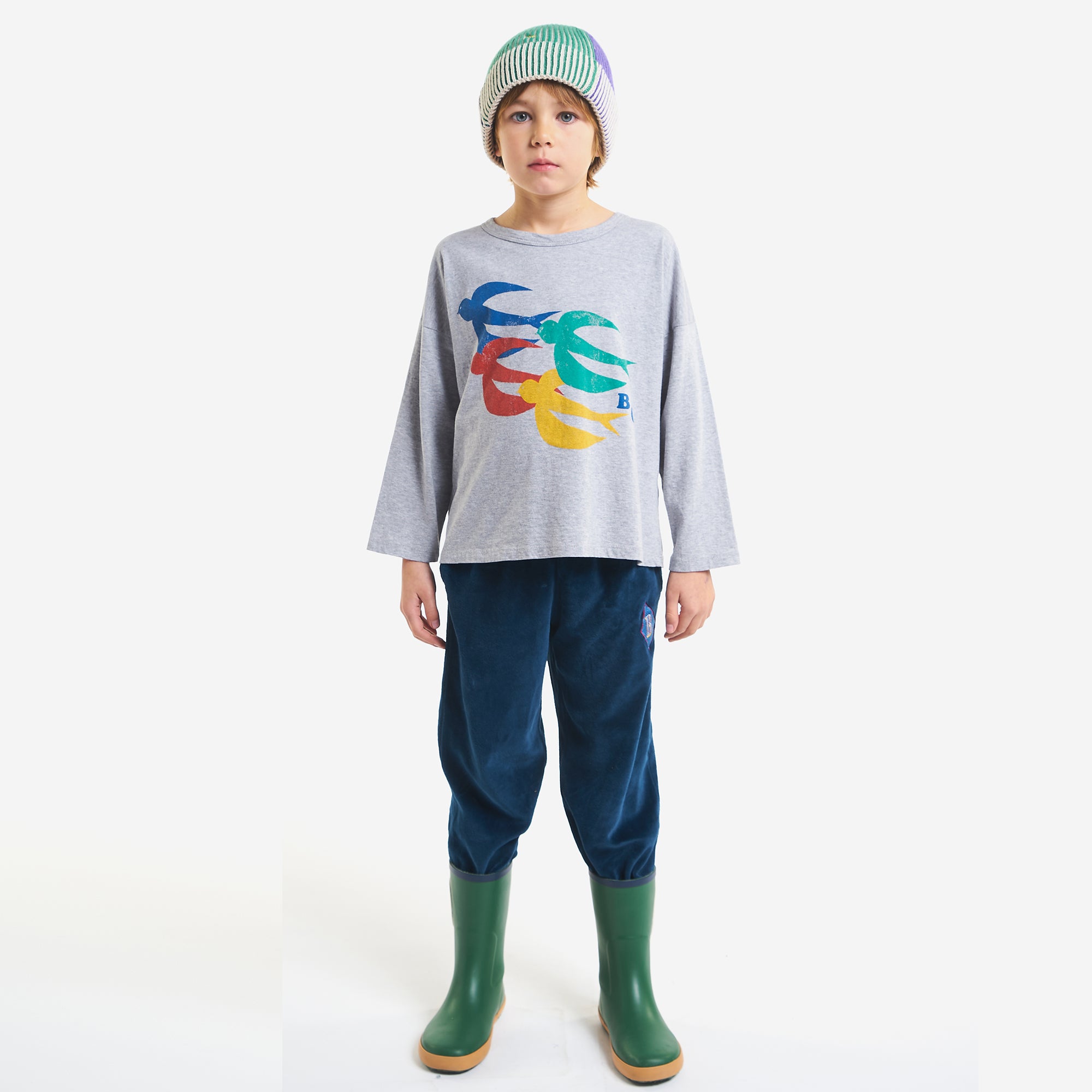 Boys & Girls Grey Birds Printed Cotton T-Shirt