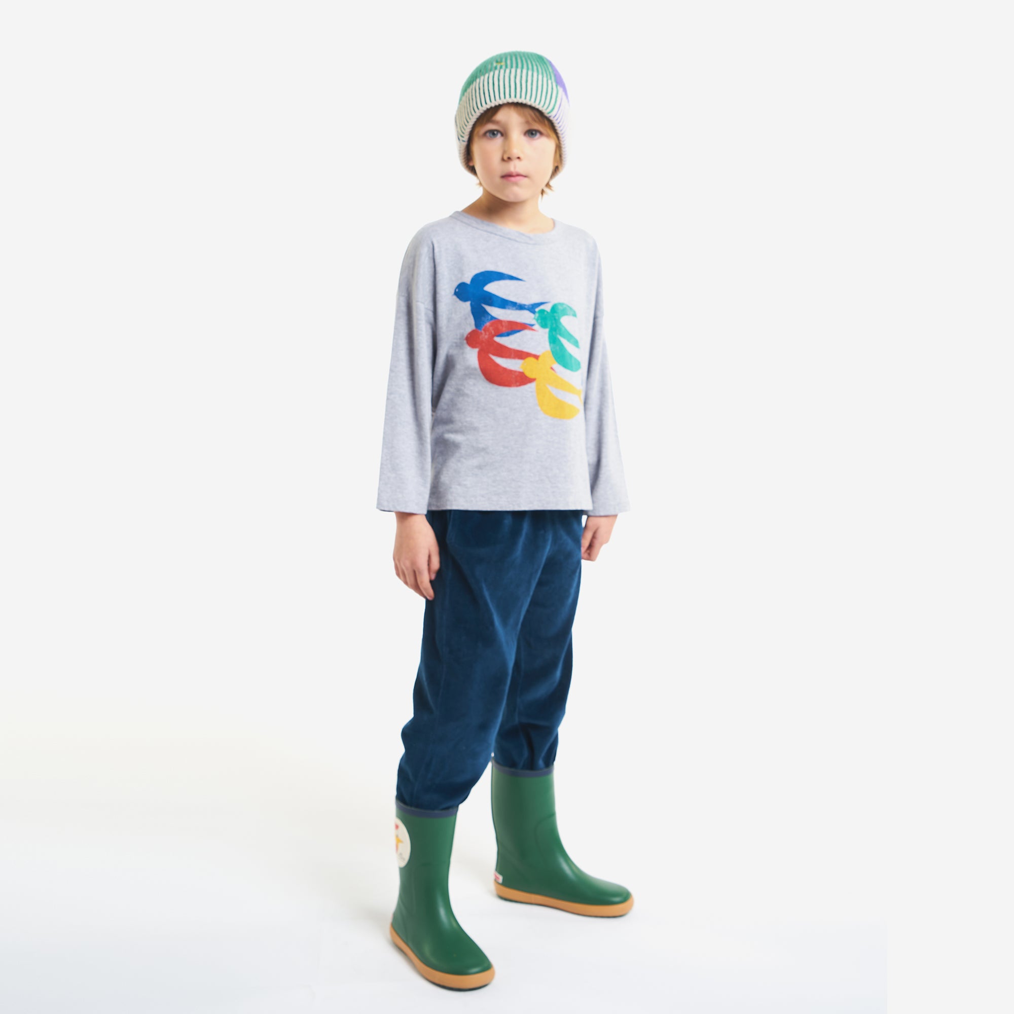 Boys & Girls Grey Birds Printed Cotton T-Shirt