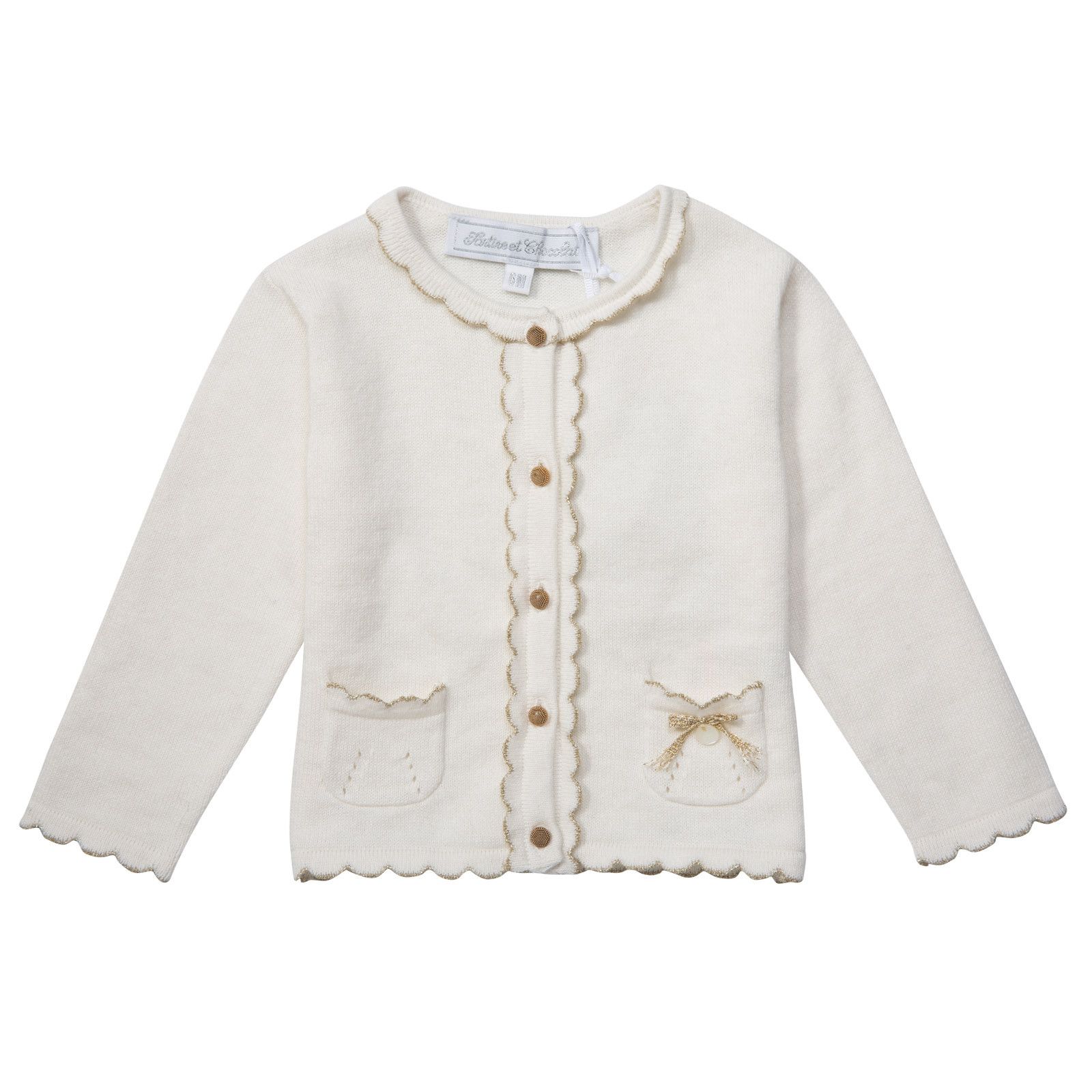 Baby Girls Ivory Knitted Gold Lurex Thread Trims Cardigan - CÉMAROSE | Children's Fashion Store - 1