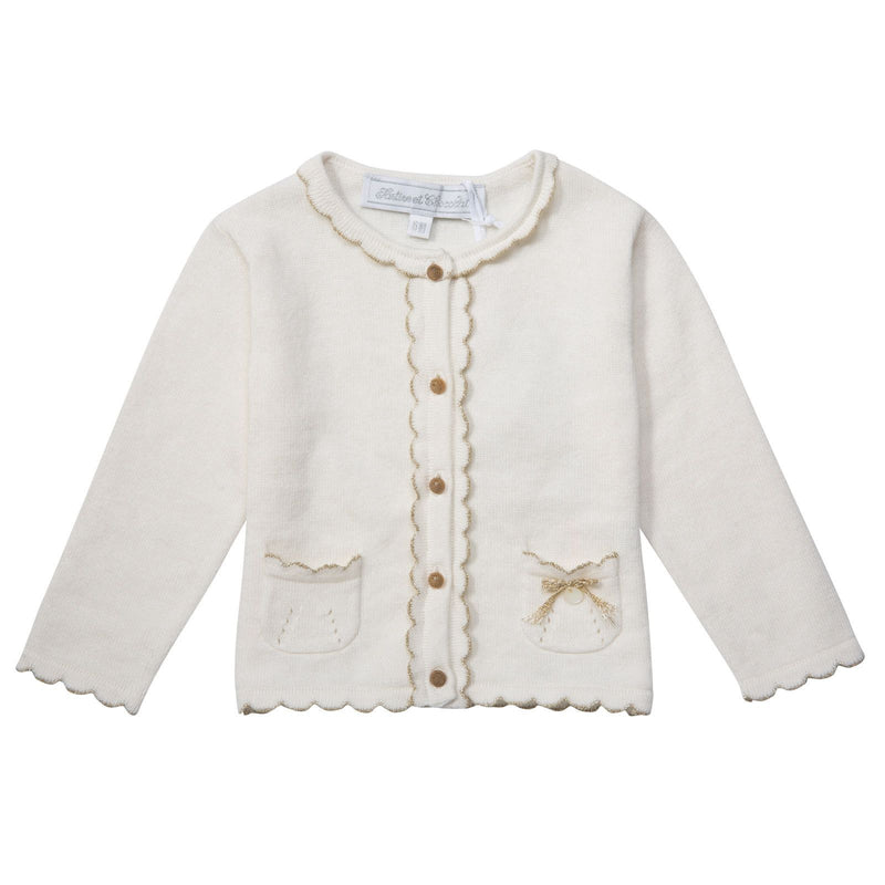Baby Girls Ivory Knitted Gold Lurex Thread Trims Cardigan - CÉMAROSE | Children's Fashion Store - 1