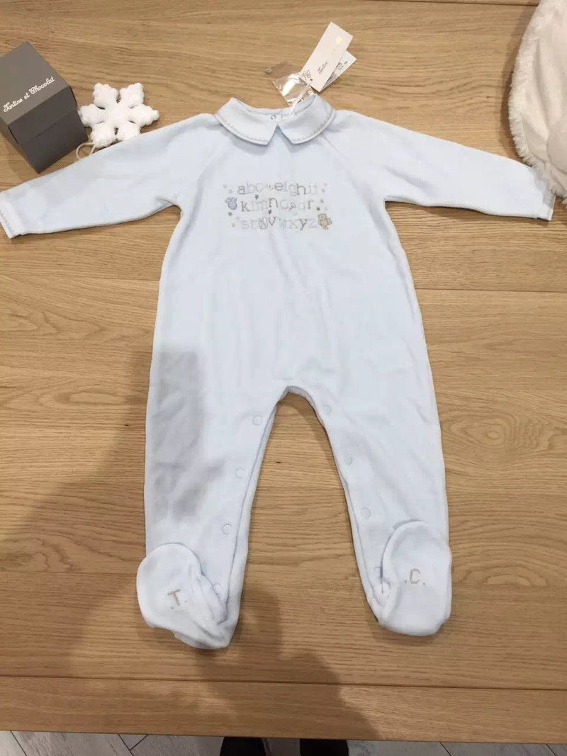 Baby Blue Velour Babygrow With Alphabet Print - CÉMAROSE | Children's Fashion Store