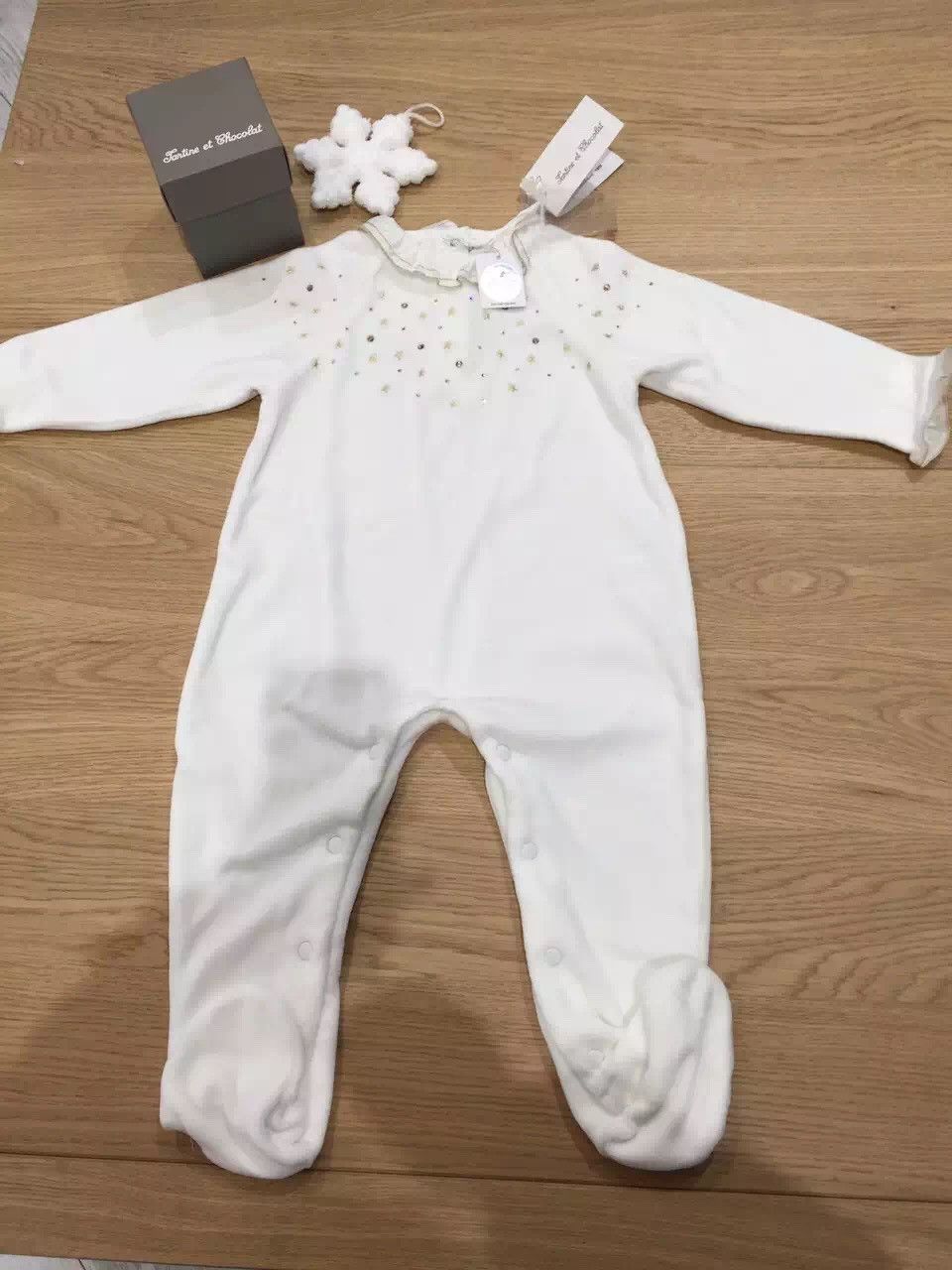 Baby White Velour Babygrow With Swarovski - CÉMAROSE | Children's Fashion Store