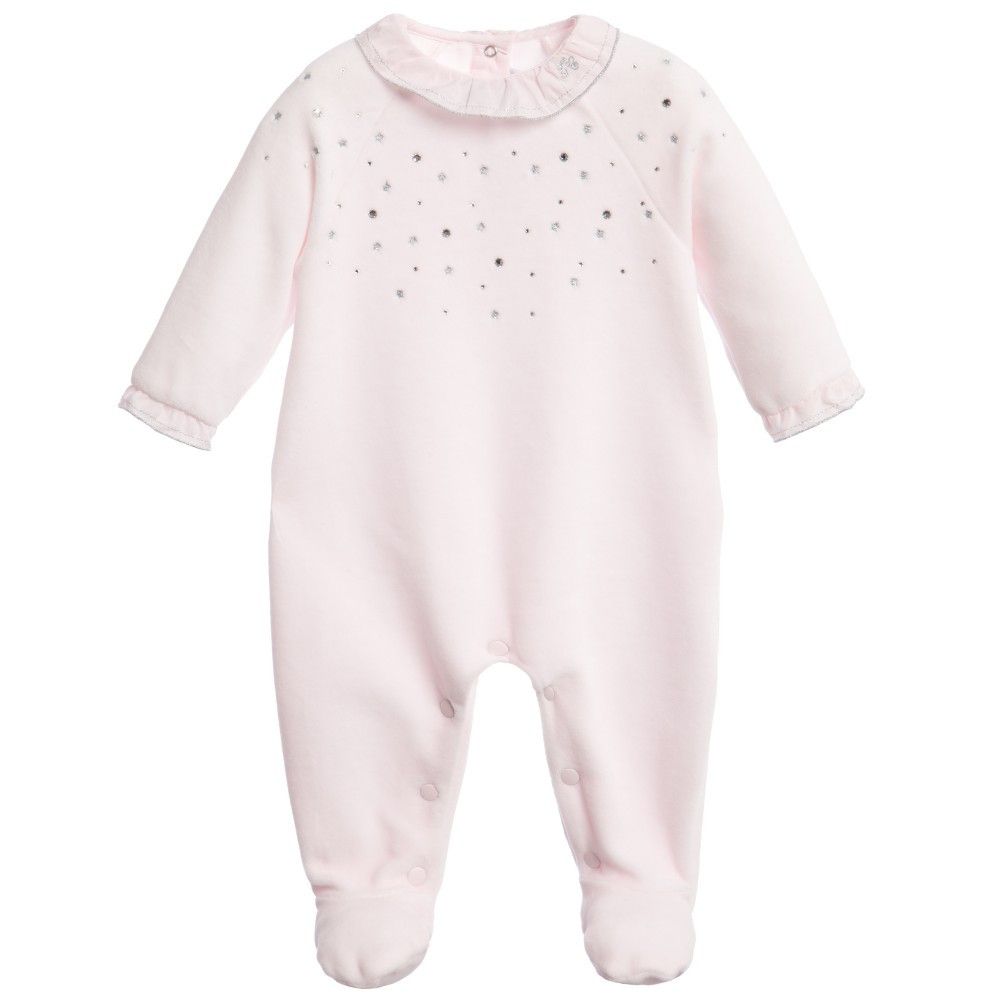 Baby Pink Velour Babygrow With Swarovski - CÉMAROSE | Children's Fashion Store