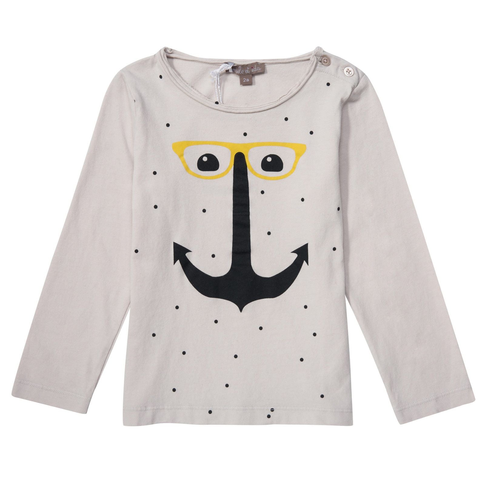 Boys Light Grey Anchor Dots Logo Cotton T-shirt - CÉMAROSE | Children's Fashion Store - 1