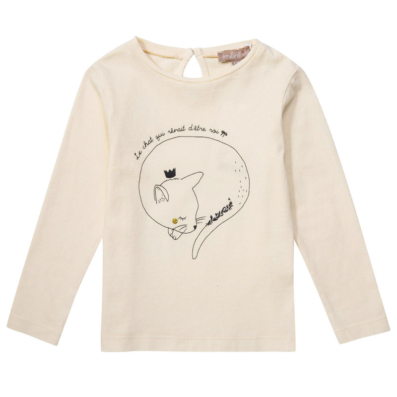 Girls Beige T-Shirt With Cat Logo - CÉMAROSE | Children's Fashion Store - 1