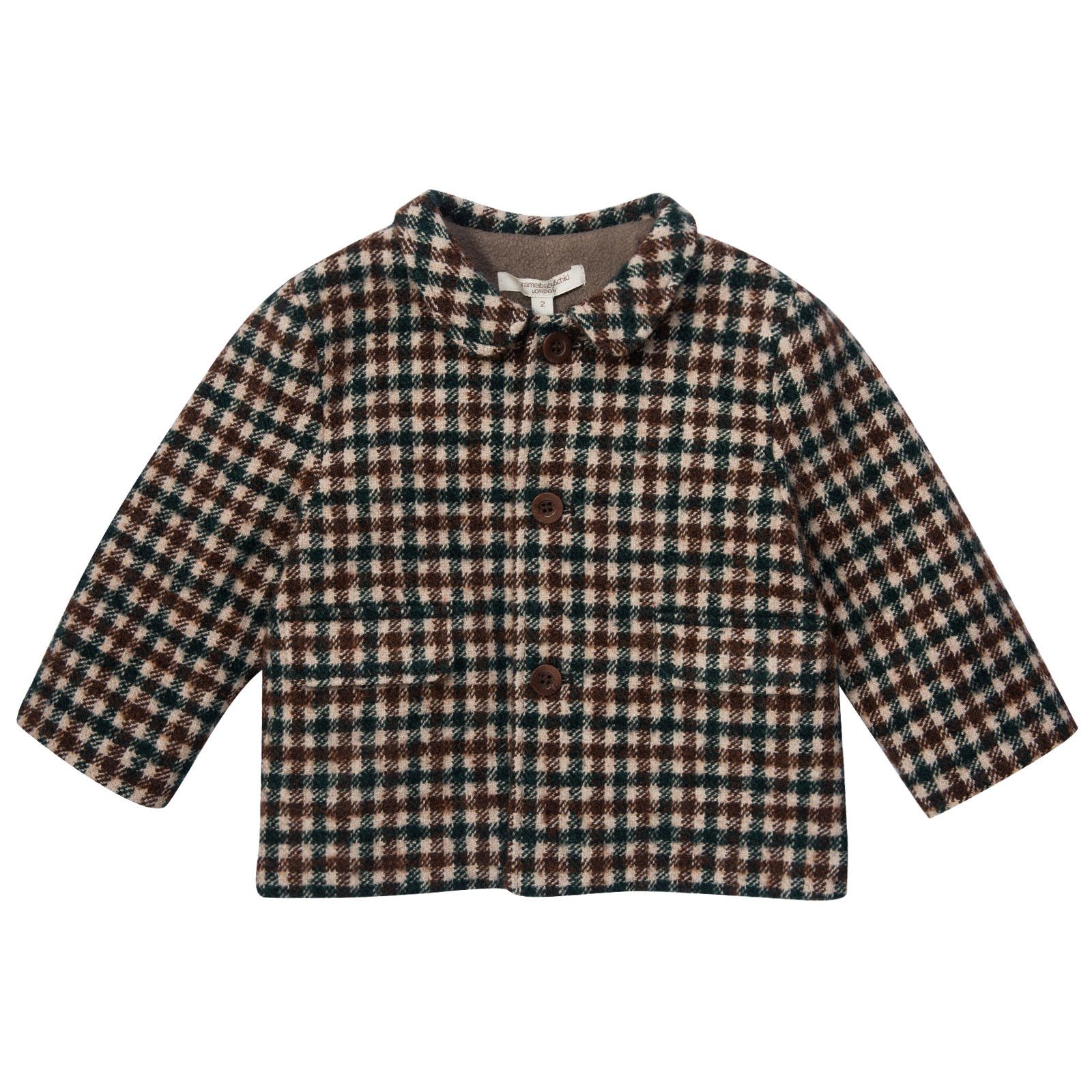 Baby Brown&Green Check Wool Coat With Flap Pockets - CÉMAROSE | Children's Fashion Store - 1