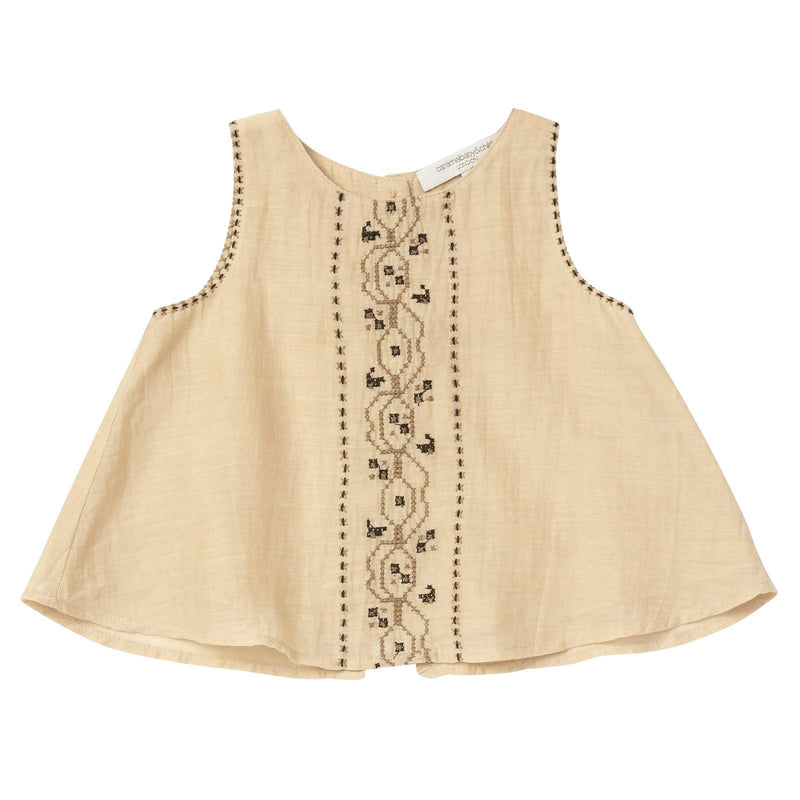 Baby Girls Beige Sleeveless Blouse With Khaki Embroidered Trims - CÉMAROSE | Children's Fashion Store