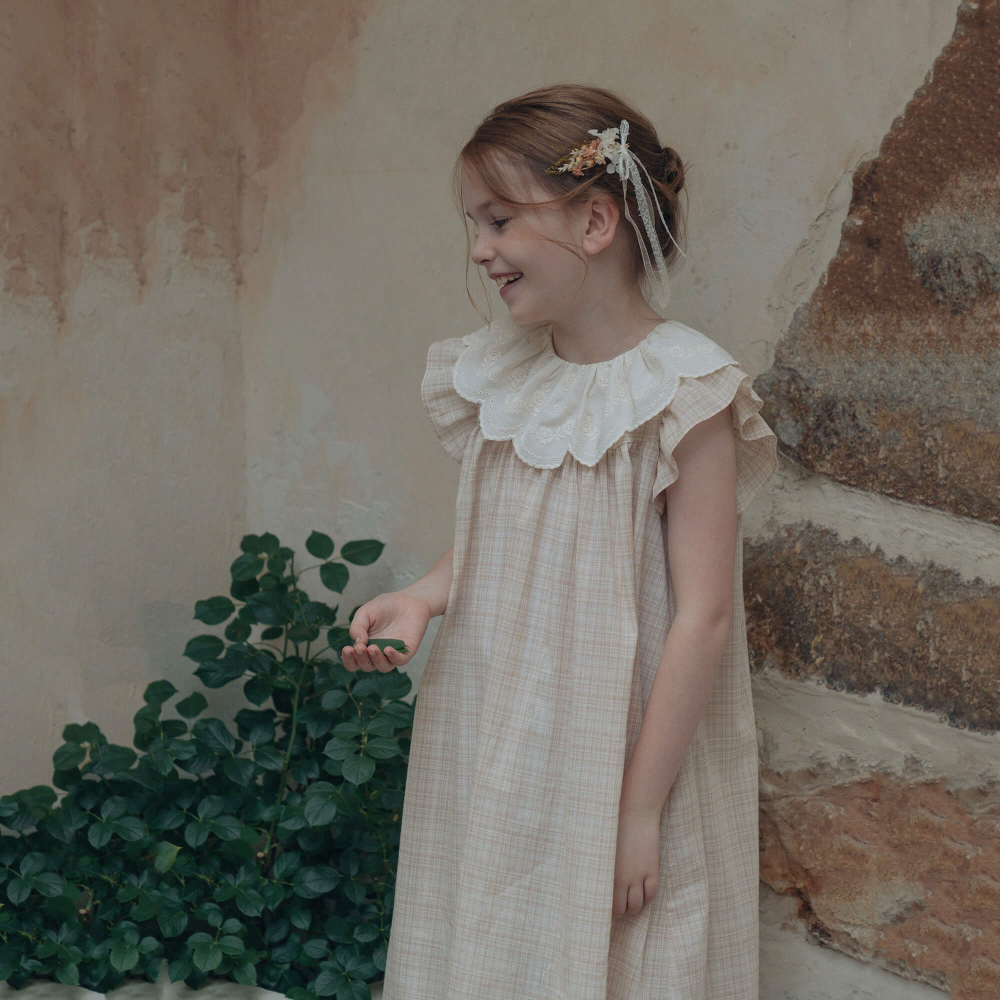 Girls Beige Pink Check Cotton Dress